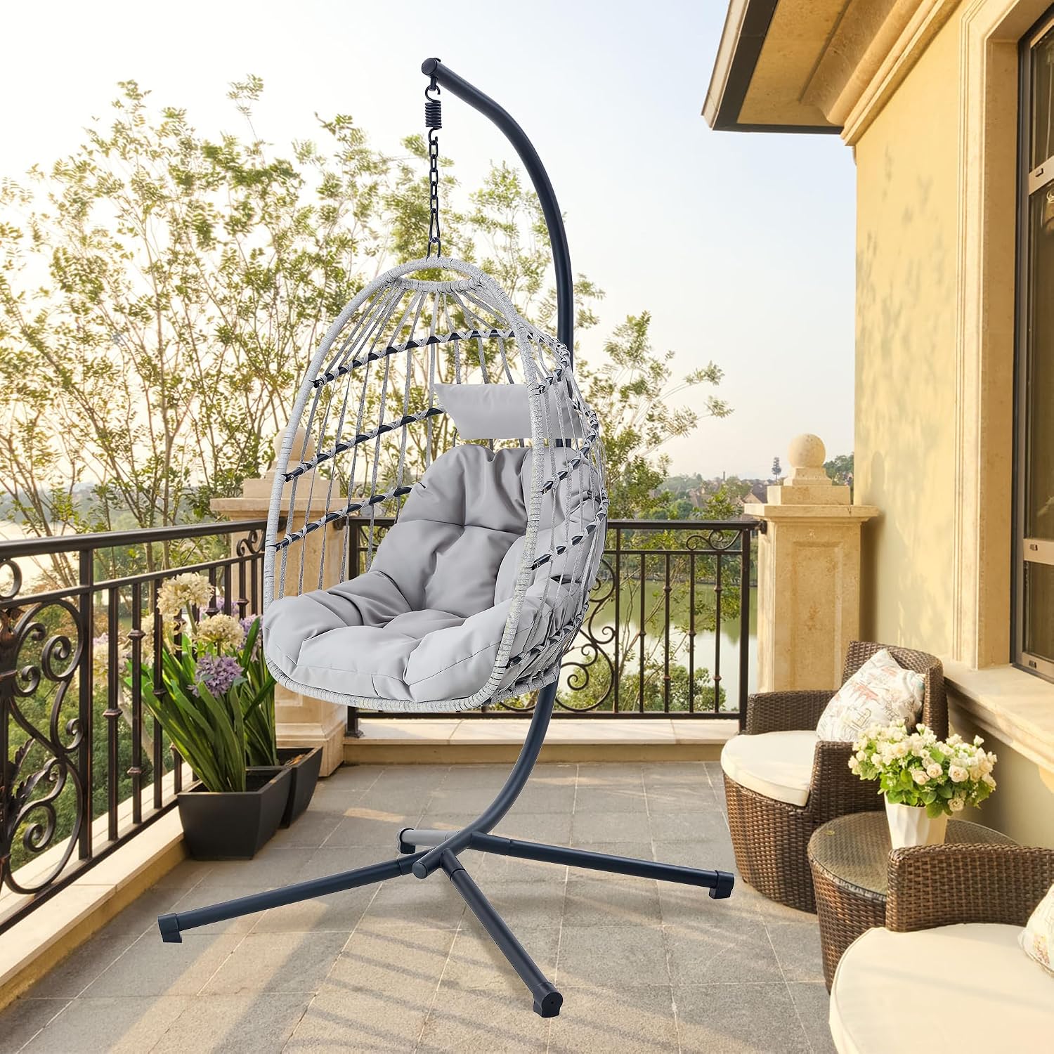 Egg Swing Chair with Stand, Indoor Outdoor Hanging Egg Chair with Thickened Metal Frame and Cushion, Patio Wicker Swinging Hammock Chair for Bedroom, Porch, Garden, Balcony (Gray)
