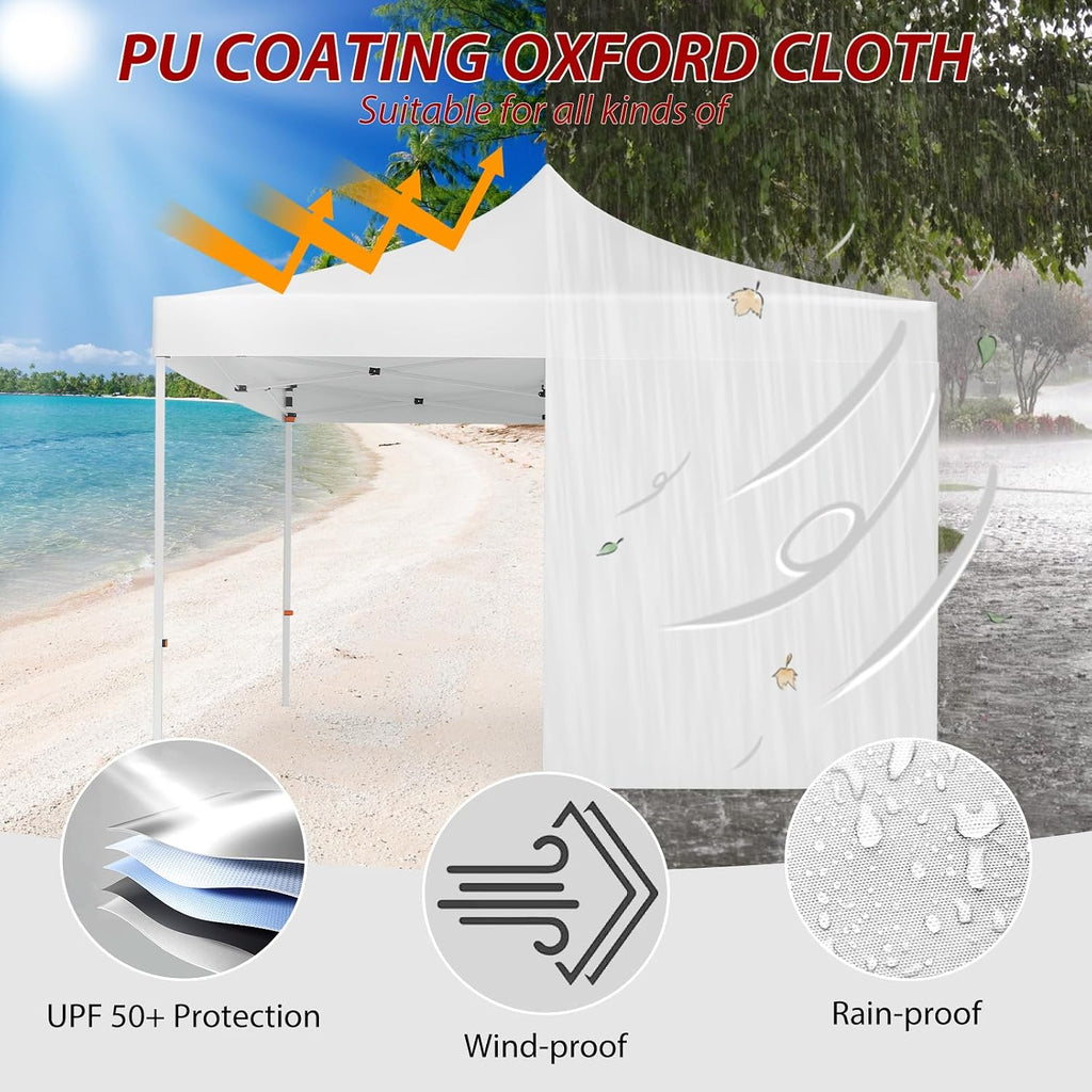Pop-up Waterproof Windproof and UV-Proof Gazebo Instant Portable Canopy Tent 10'x10' with 3 Side Walls, 1 Wheeled Bag, 8 Ground pegs for stall/Outdoor/Party Events (10FTx10FT, White)