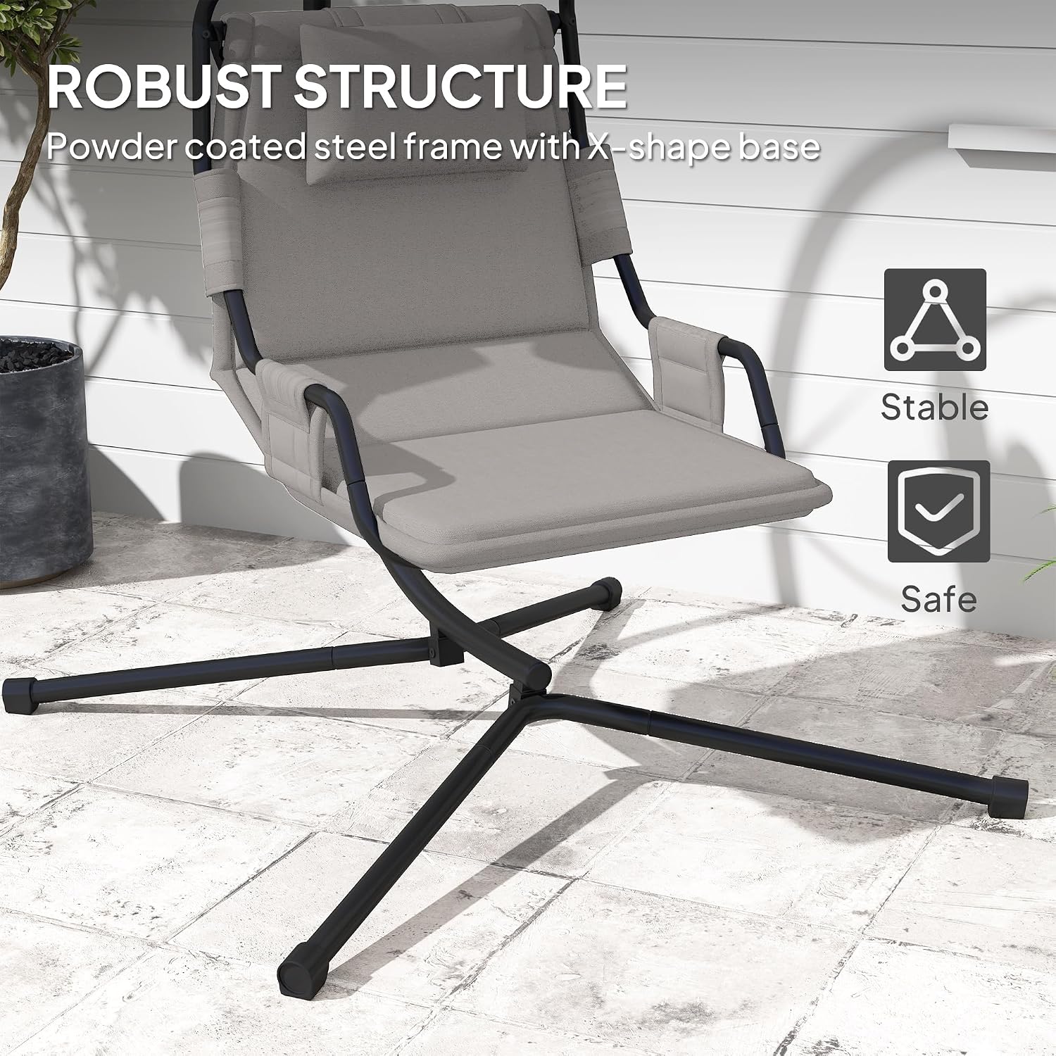Outsunny Hammock Chair with Stand, Hammock Swing with PA Coating Oxford Fabric Cushion, Indoor Outdoor Hanging Chair with Chain, Steel Frame for Bedroom, Patio, Balcony, Gray