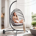 NICESOUL Egg Chair Indoor Outdoor, Patio Wicker Hanging Chair with Stand, All Weather Cushioned Hammock Egg Basket Chairs, 350lbs Capacity Swing Chair for Exteriors Backyard Balcony, Grey with Cover