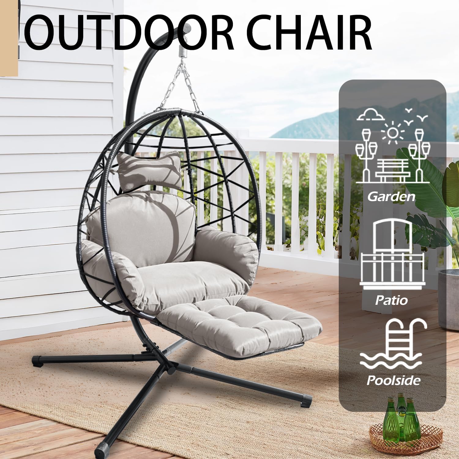 Indoor Outdoor Hanging Egg Chair with Stand & Leg Rest – Heavy-Duty Steel Frame, Handwoven Rattan Swing Chair for Patio, Garden, Bedroom – 350 lbs Capacity, Ergonomic Design (Grey)
