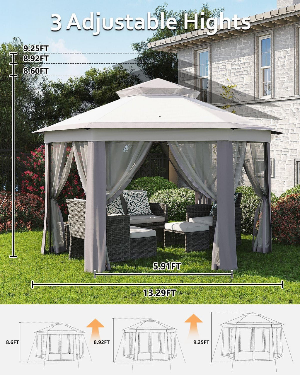 Pop Up Gazebo 13x13, Outside Canopy Tent-6 Side with Mosquito Netting, One Push Setup for Backyard Patio Garden Activities-Gray
