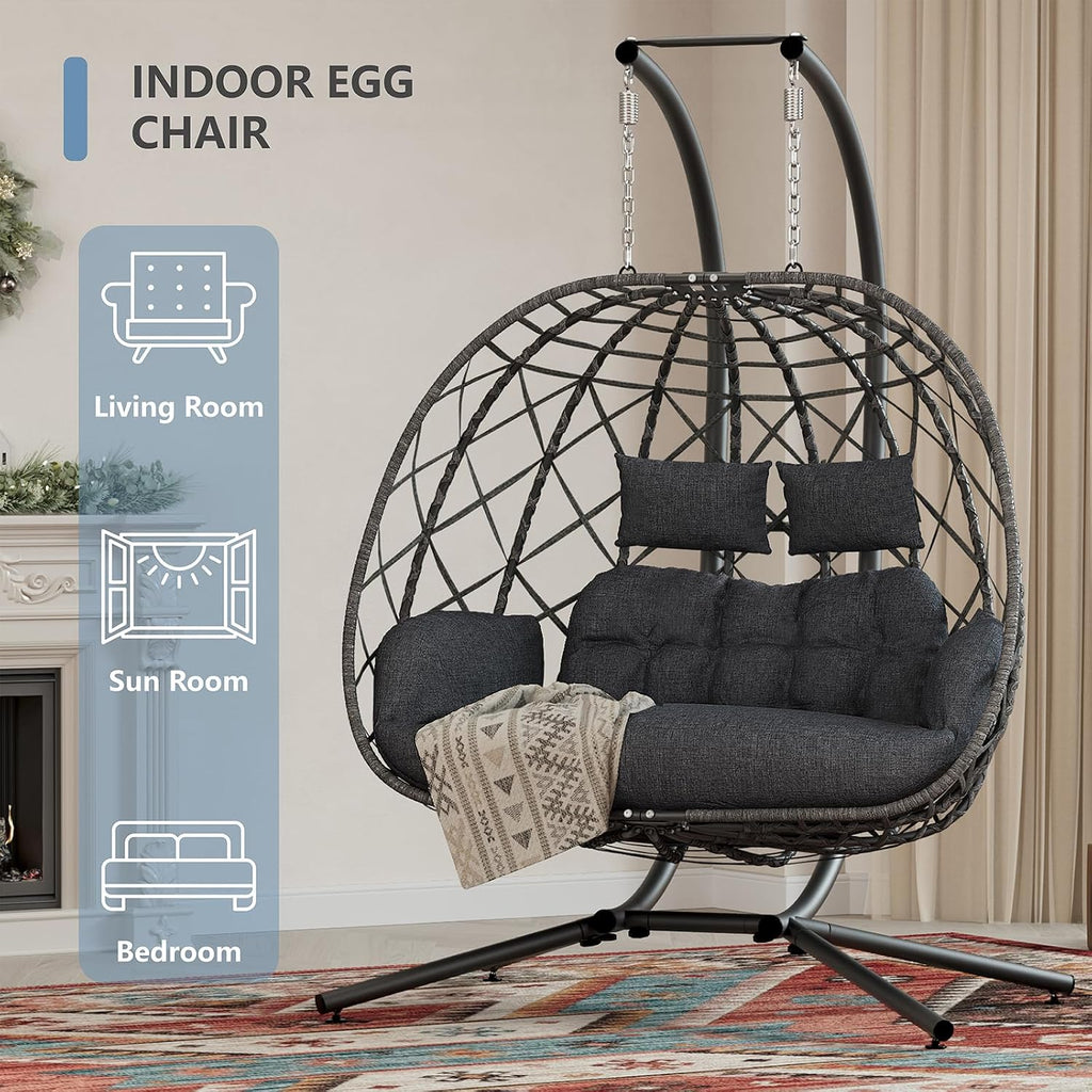 SWITTE Double Egg Swing Chair with Stand, 2 Person Outdoor Indoor Hammock Hanging Chair with Cushion for Patio Living Room 650 LBS Capacity-Dark Grey