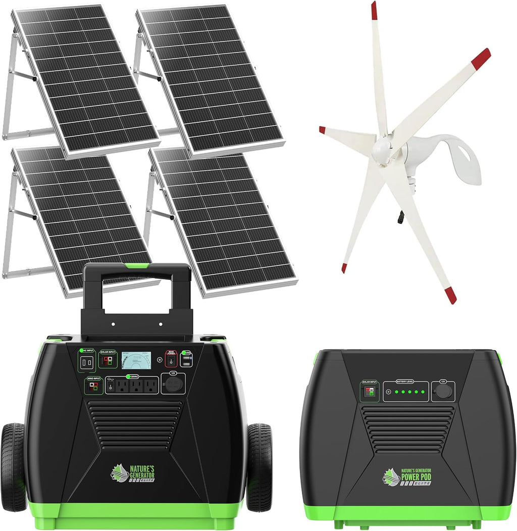 Nature's Generator Elite Platinum - WE System:3600W Solar & Wind Powered Pure Sine Wave Off-Grid Nature's Generator Elite+1200W Power Pod+4pcs 100W Solar Panel+ Wind Turbine