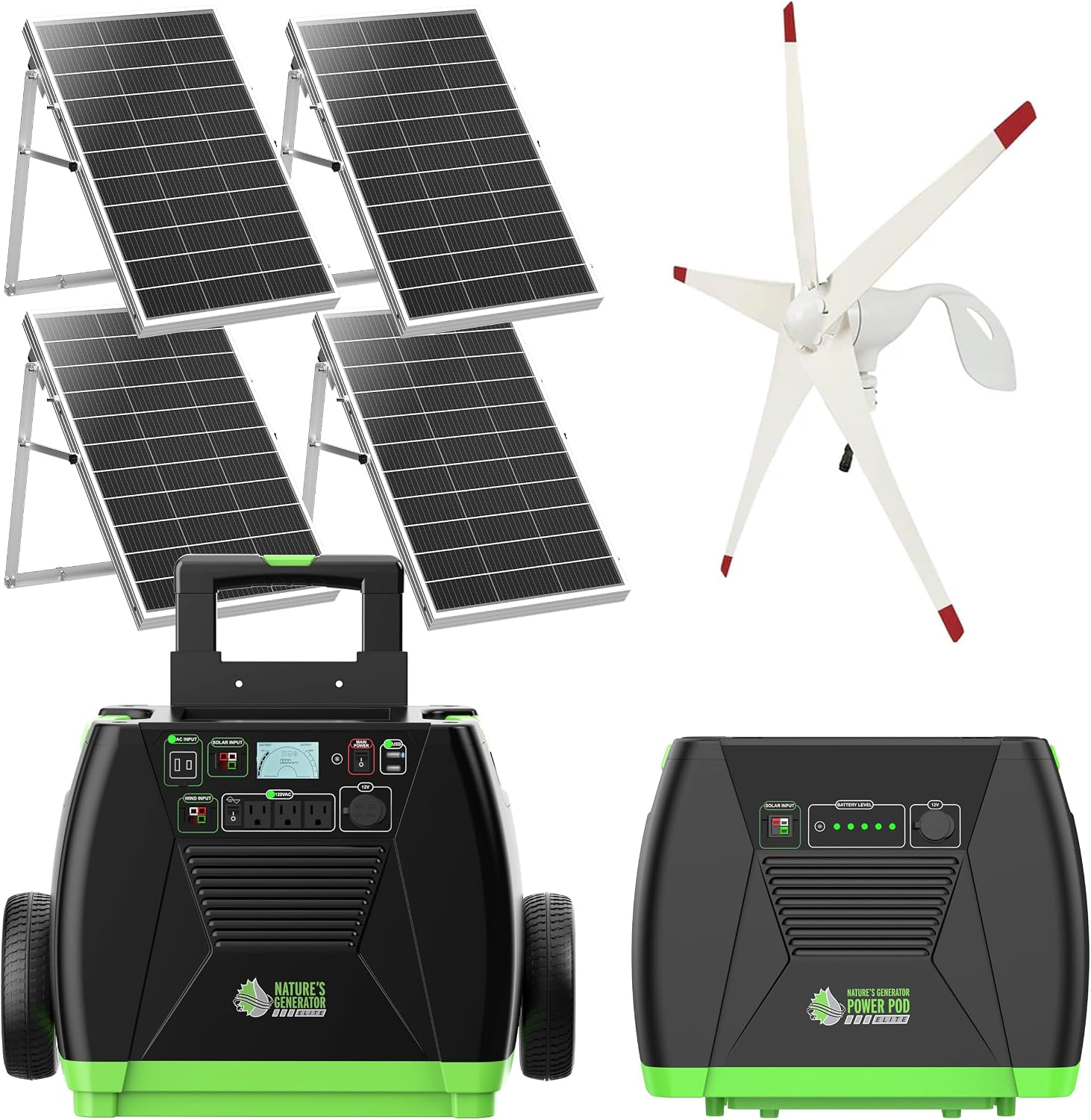 Nature's Generator Elite Platinum - WE System:3600W Solar & Wind Powered Pure Sine Wave Off-Grid Nature's Generator Elite+1200W Power Pod+4pcs 100W Solar Panel+ Wind Turbine