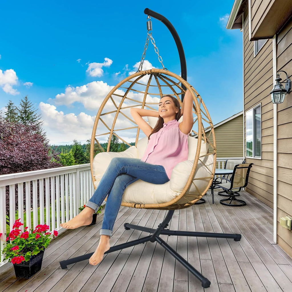 Hanging Egg Chair Swing with Stand, Hanging Chair, Webbing & PE Rattan Weaving, Thickened UV Resistant Cushion & Alloy Steel Frame, for Patio Bedroom Balcony (YB)
