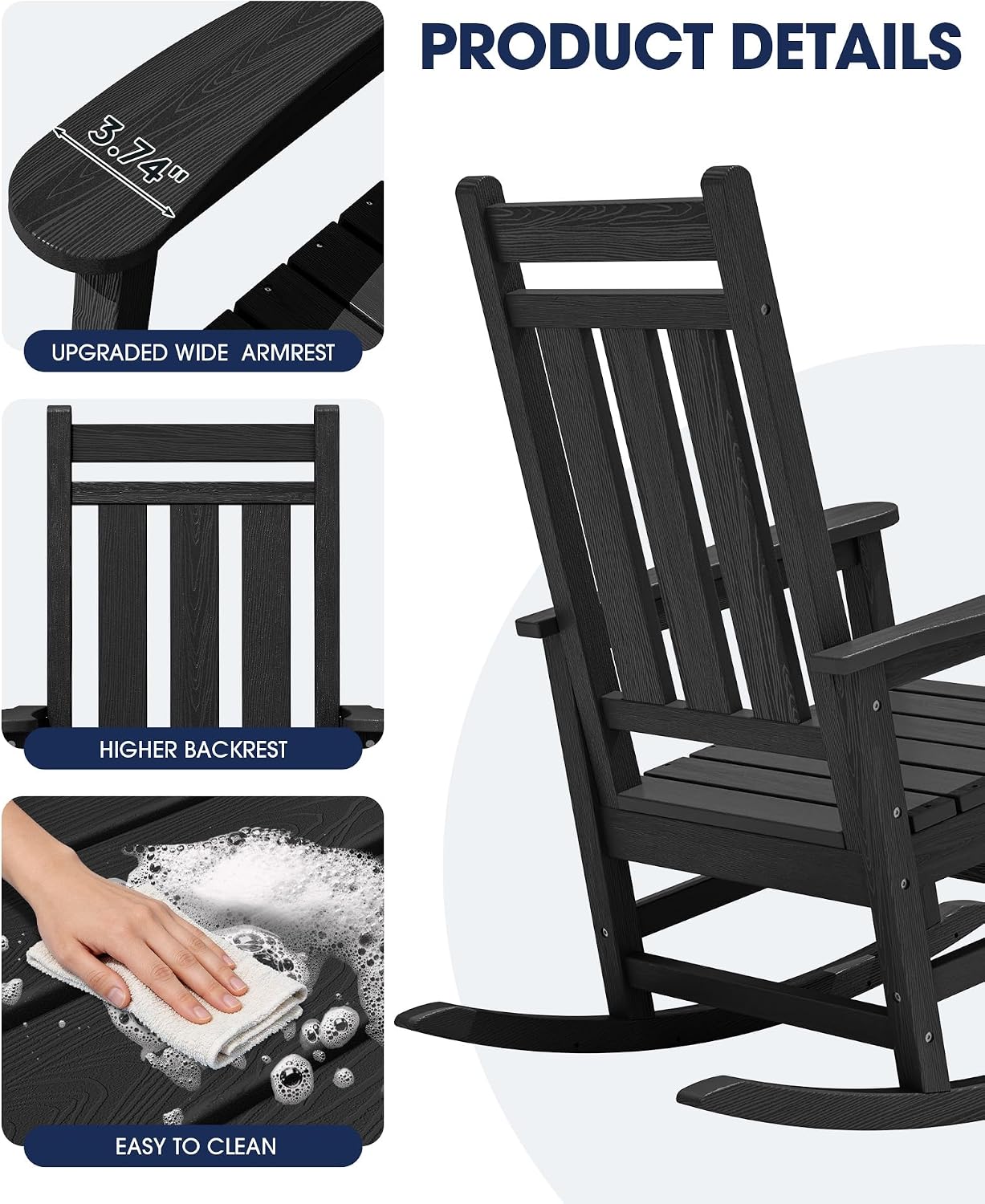 KINGYES Oversized Outdoor Rocking Chair Set of 6, All-Weather Patio Rocking Chairs for Porch, HDPE Outdoor Patio Rockers with High Back & Wide Seat for Garden, Lawn, Black