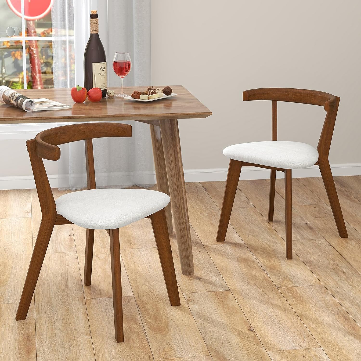 Giantex Wooden Dining Chairs Set of 2, Farmhouse Hanging Kitchen Chairs w/Rubber Wood Frame, Padded Seat, Curve Back, Armless Upholstered Side Chairs for Home Living Room Dining Room, Walnut+Gray