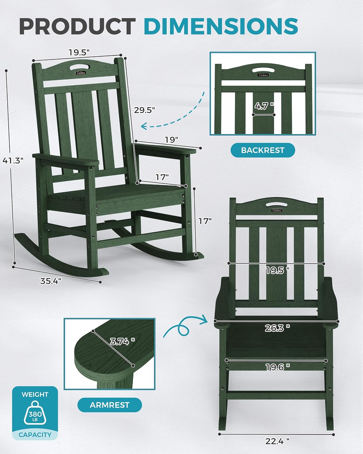 Ciokea Oversized Outdoor Rocking Chair, 380lbs Heavy-Duty Large Patio Rocker, Weather Resistant & Anti-Fade Porch Chair, High Back Cozy Rocking Chair for Outside, Fire Pit, Deck, Garden,Forest