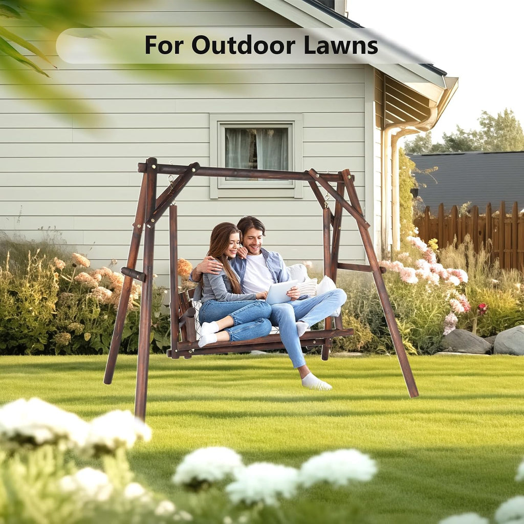 VINGLI Heavy Duty 880 LBS Wooden Patio Porch Swing with A-Frame Stand, Hanging Swing Bench Chair with Frame for Outside, Yard, Garden (Rustic Sequoia Dusk)