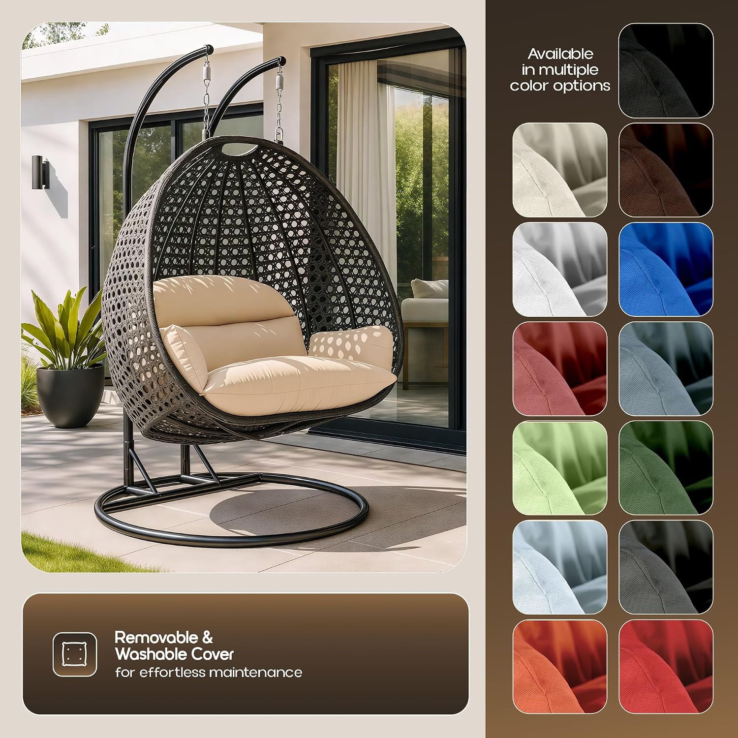 LeisureMod 2-Person Hanging Egg Chair with Stand, Dark Grey Cushions, Indoor Outdoor Wicker Patio Swing, Lounge Hammock Seat for Bedroom, Garden, Porch, Heavy-Duty Steel Frame (Cream)