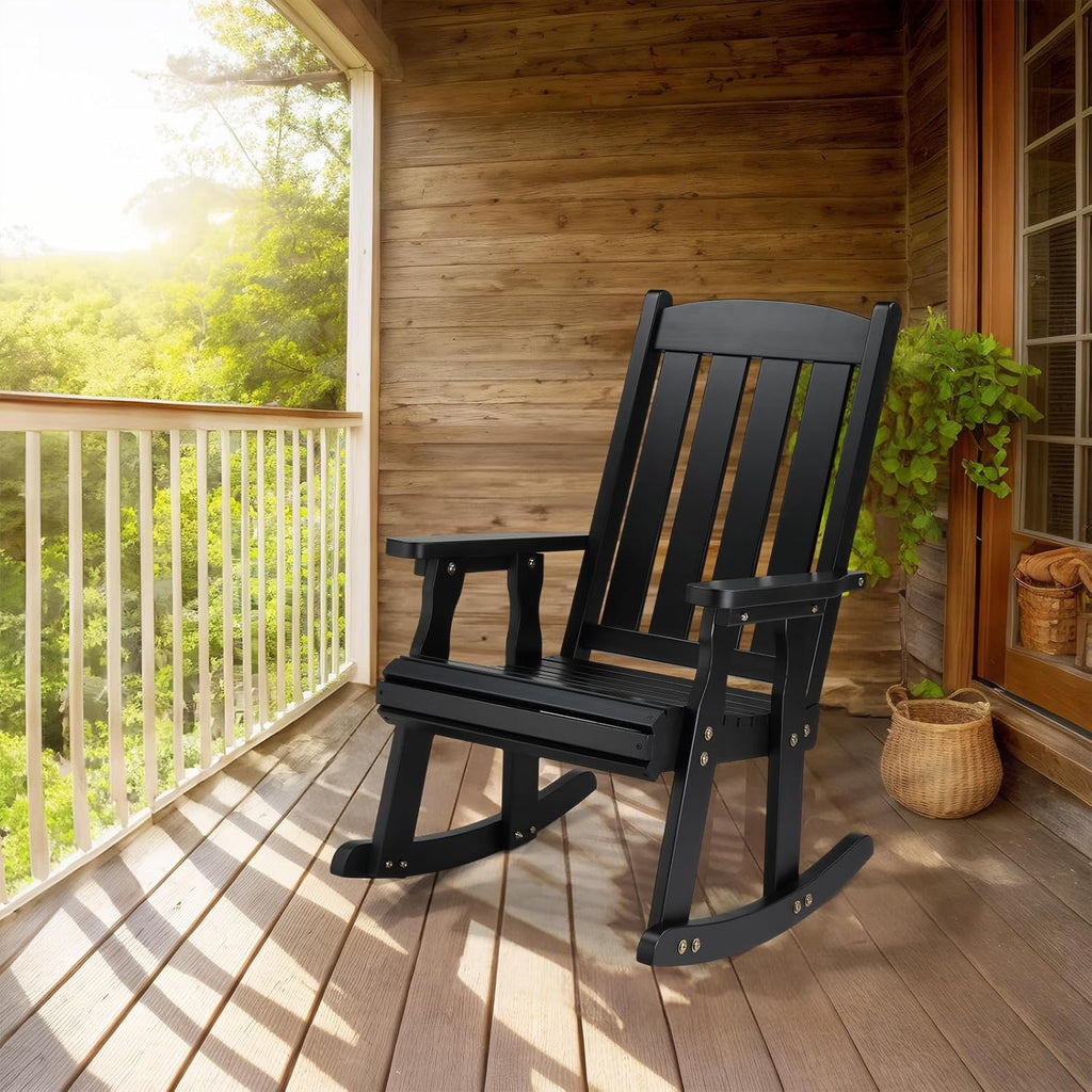VINGLI Outdoor Rocking Chair, Heavy Duty 600 LBS Wooden Rocking Bench with Comfortable Backrest, Weatherproof Patio Rocker with Ergonomic Design, Wood Rocking Chair for Patio, Garden (Black, 2 PCS)