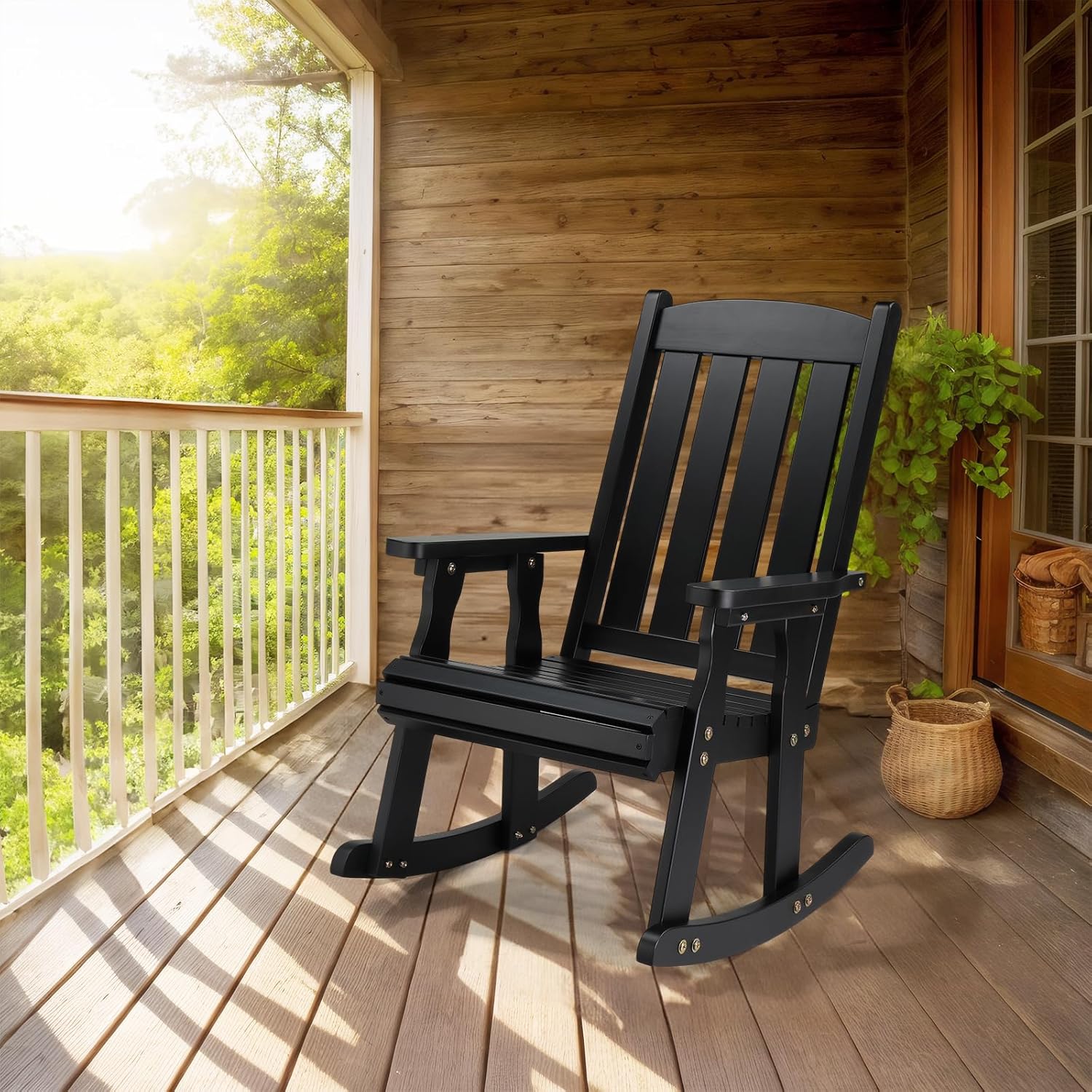 VINGLI Outdoor Rocking Chair, Heavy Duty 600 LBS Wooden Rocking Bench with Comfortable Backrest, Weatherproof Patio Rocker with Ergonomic Design, Wood Rocking Chair for Patio, Garden (Black, 2 PCS)