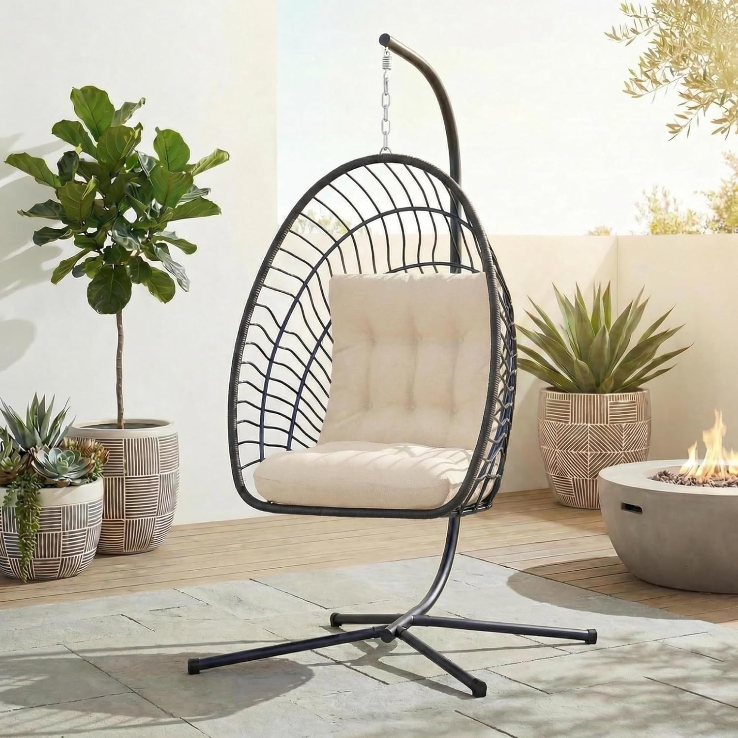 Kingdura Hanging Egg Chair with Stand Indoor Outdoor, Foldable Rattan Wicker Hammock Egg Swing Chair for Bedroom Porch Patio Garden, Thickened Cushion, 350LBS Capacity, Heavy Duty Frame