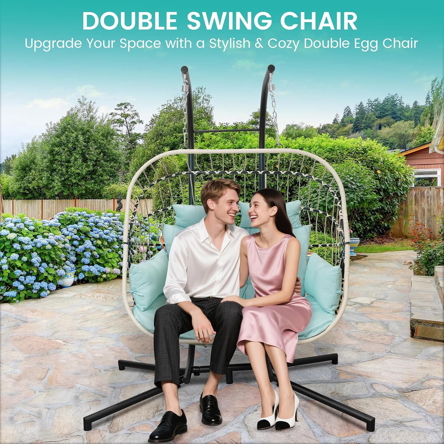 Double Egg Swing Chair with Stand Patio Rattan Wicker Hammock Chairs Outdoor Indoor Egg Swing Chair with Cushion Headrest 550 Lbs Capacity for Bedroom Balcony Garden Porch Backyard, Blue