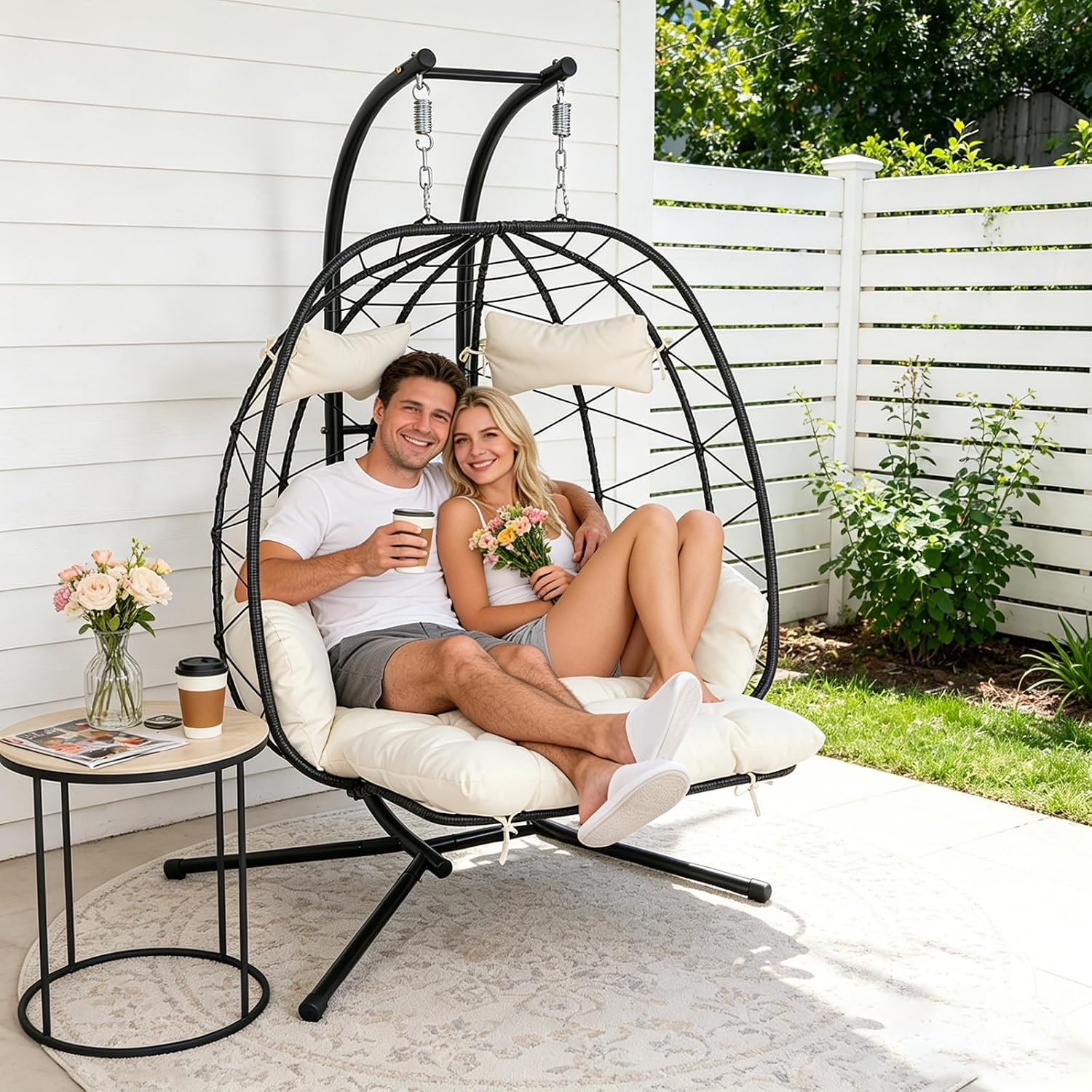 Double Outdoor Egg Chair with Stand, 2 Person Hanging Egg Chair with Adjustable Footrest Outdoor Indoor, Oversized Wicker Egg Swing Chair with Thickened Cushions, 660Lbs (Black-White)