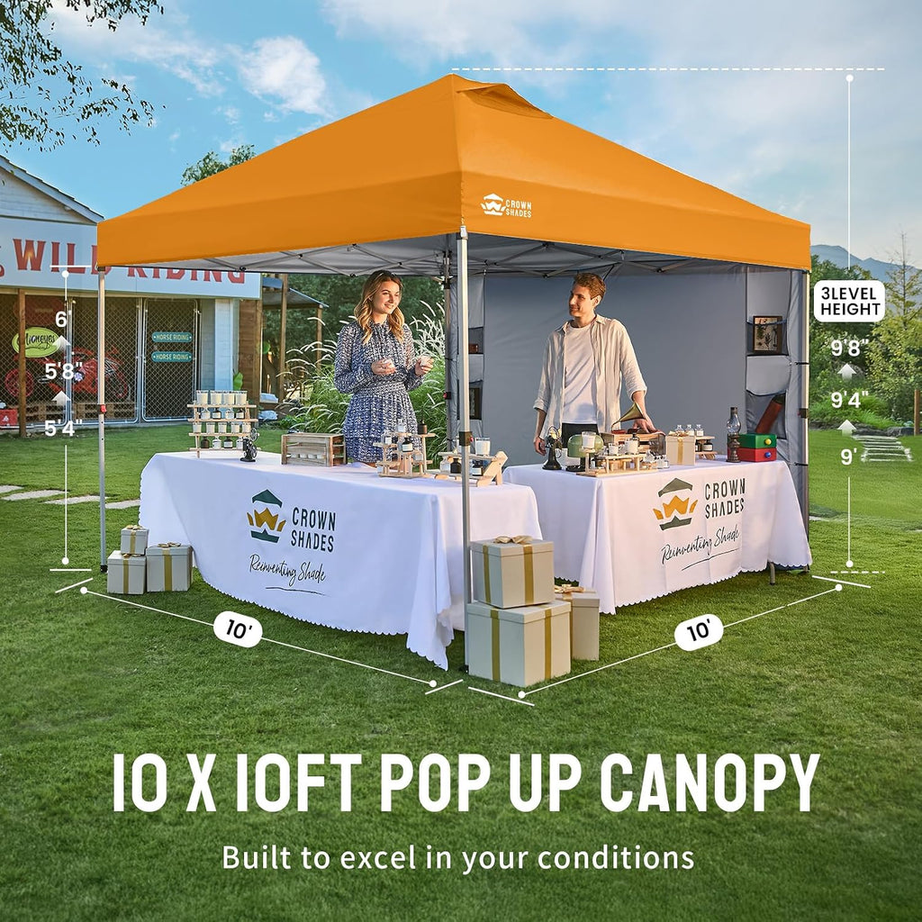 CROWN SHADES Canopy Tent, 10 x 10 Foot Portable Pop Up Outdoor Shelter with Pocket Sidewall, Push Center Lock, UV Protection, and Carry Bag, Orange