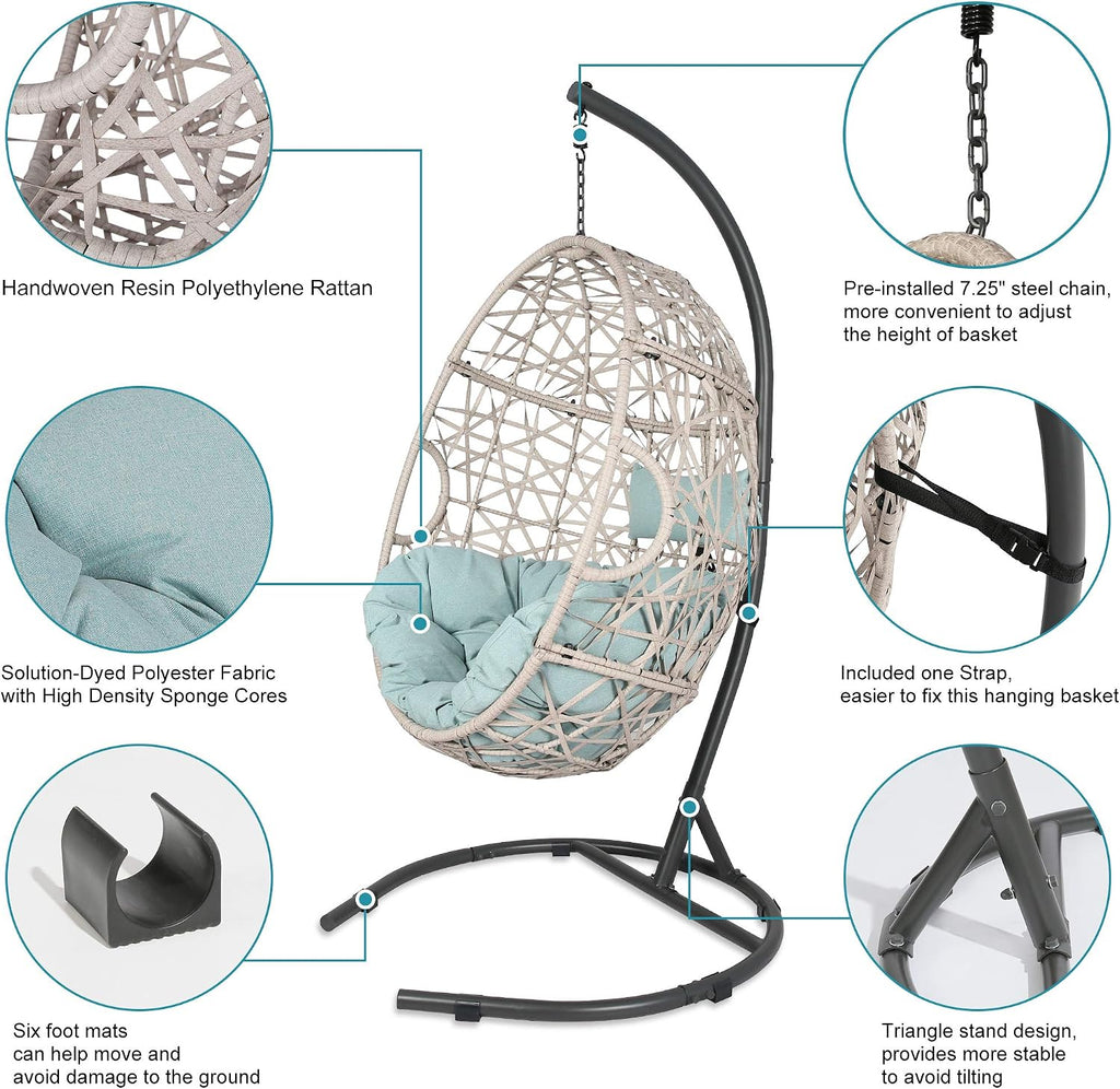 Outdoor Rattan Egg Hanging Swing Chair with Cushions and Stand (Blue)