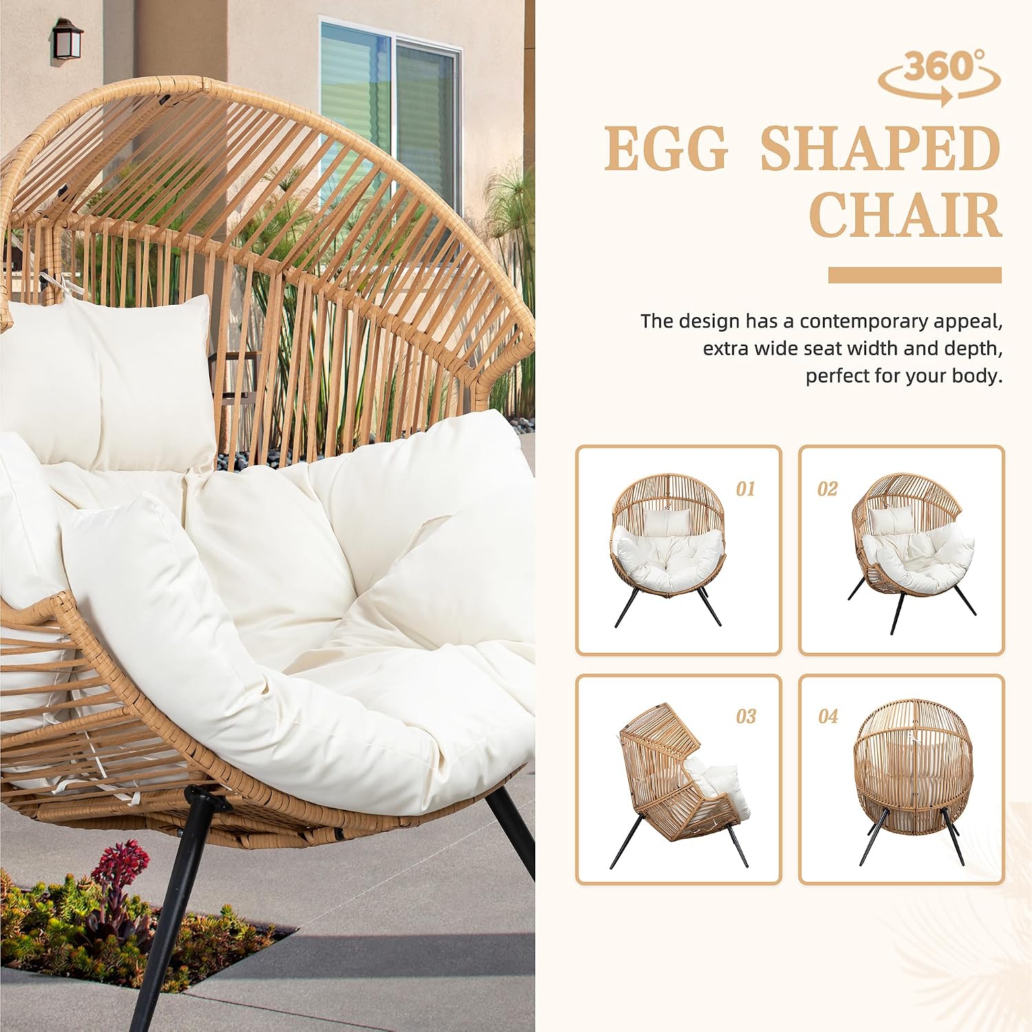 Vongrasig Wicker Egg Chair PE Rattan Chair with Cushion, Oversized Patio Lounge Chair for Outdoor, Indoor, Balcony, Backyard, Garden, Living Room, Beige