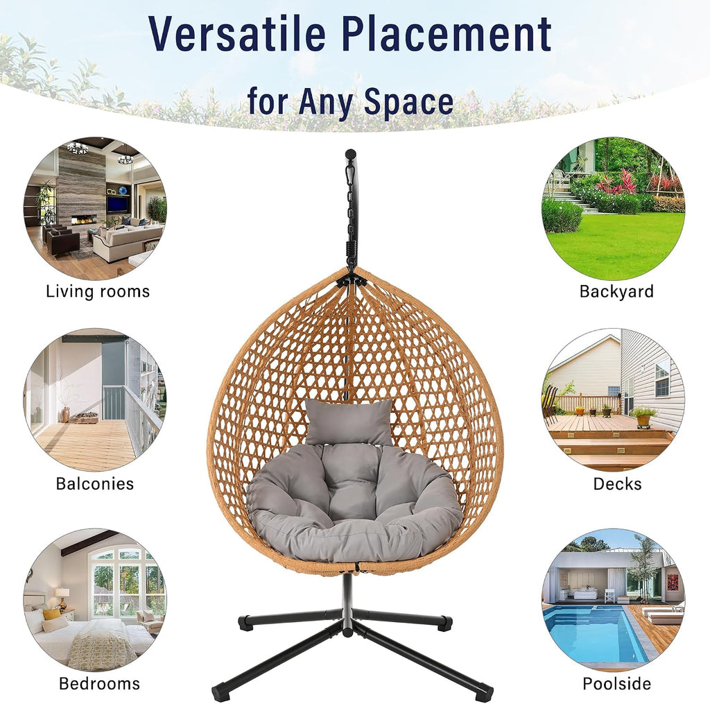 Polibi Hanging Egg Chair with Stand - PE Rattan Indoor Outdoor Swing Chair Heavy Duty 330lbs - Breathable Hollowed Design & Adjustable Headrest - Patio Balcony Garden Lounger,Brown+Yellow+Grey