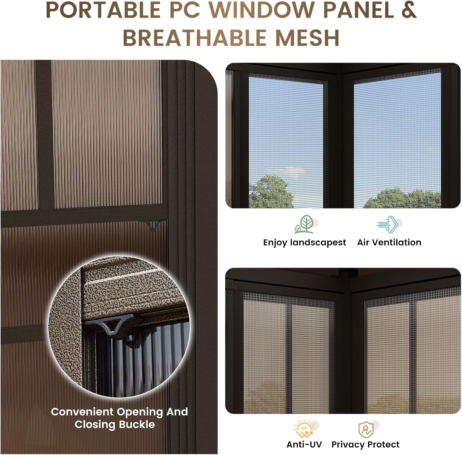 EROMMY 10x12 Sunroom Gazebo, Polycarbonate Roof Outdoor Solarium with Sliding Door & Adjustable Window Panels, Enclosed Patio Sunroom with Mesh Screens, Aluminum Frame Backyard Enclosure