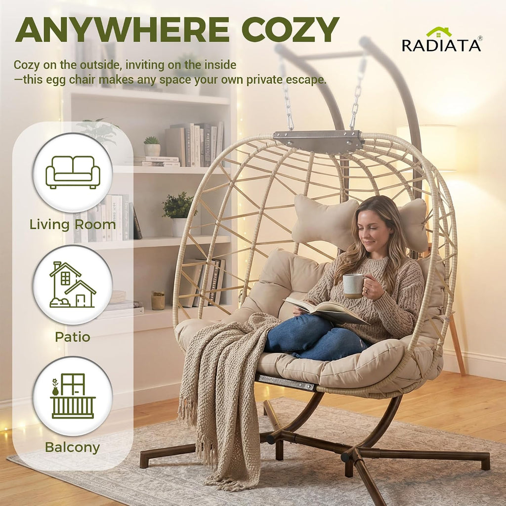 RADIATA Double Swing Egg Chair with Stand and Cover, Extra Large Hanging Patio Chairs with Padded Cushion, 2 Person Outdoor Boho Wicker Egg Swing Chair Loveseat for Bedroom Backyard Balcony, Beige