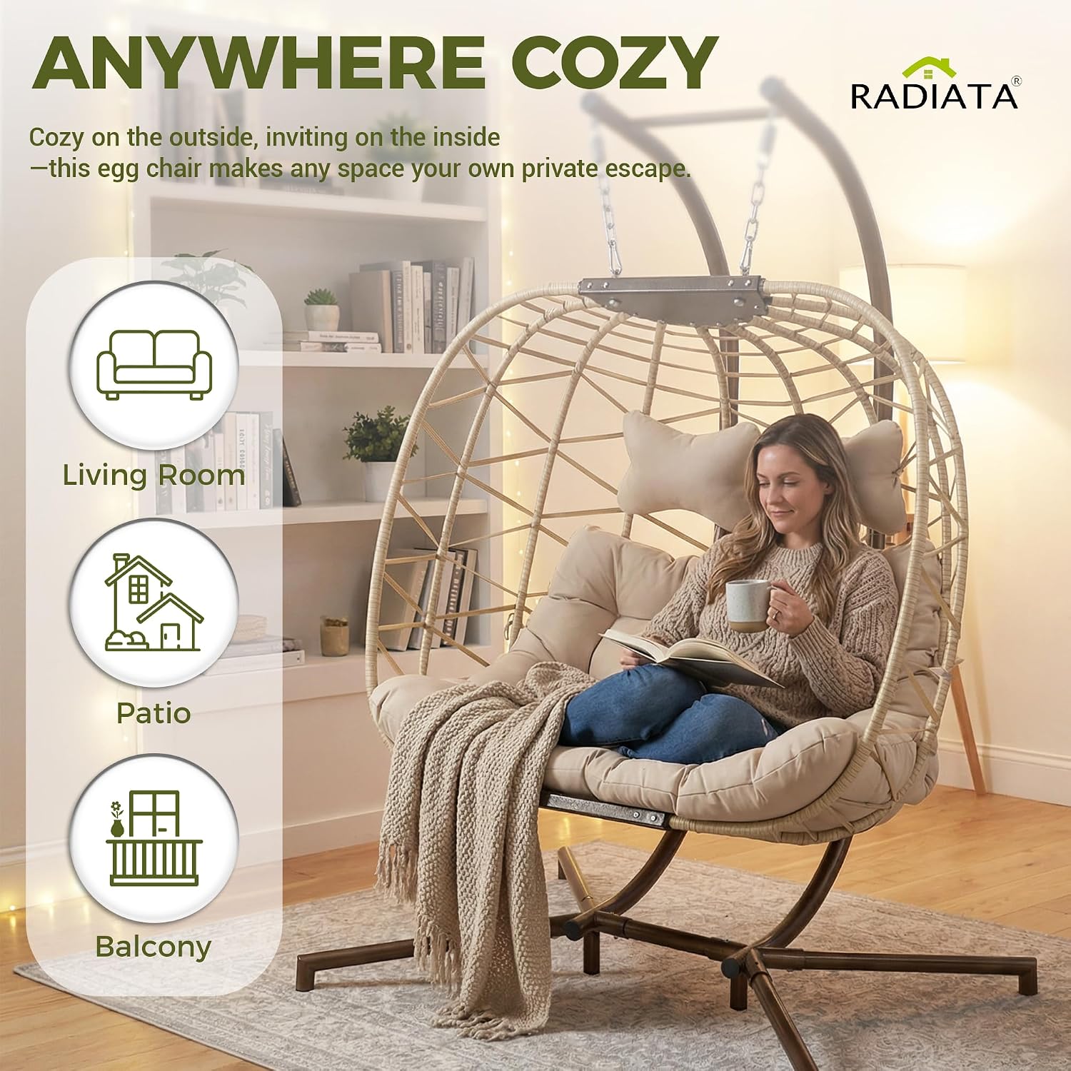 RADIATA Double Swing Egg Chair with Stand and Cover, Extra Large Hanging Patio Chairs with Padded Cushion, 2 Person Outdoor Boho Wicker Egg Swing Chair Loveseat for Bedroom Backyard Balcony, Beige