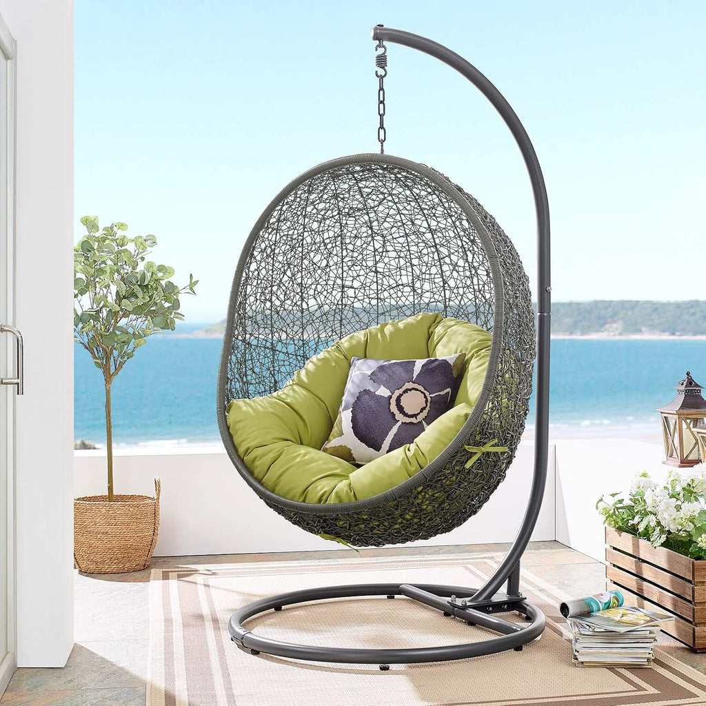 Modway Hide Wicker Rattan Outdoor Patio Porch Lounge Egg Swing Chair Set with Stand in Gray Peridot
