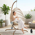 NICESOUL Indoor Outdoor Wicker Hanging Egg Chair with Stand, Cozy Patio Swing Hammock Egg Shell Chairs with Cushions, 350lbs Capacity Sturdy Porch Swing for Backyard Balcony, Beige with Cover