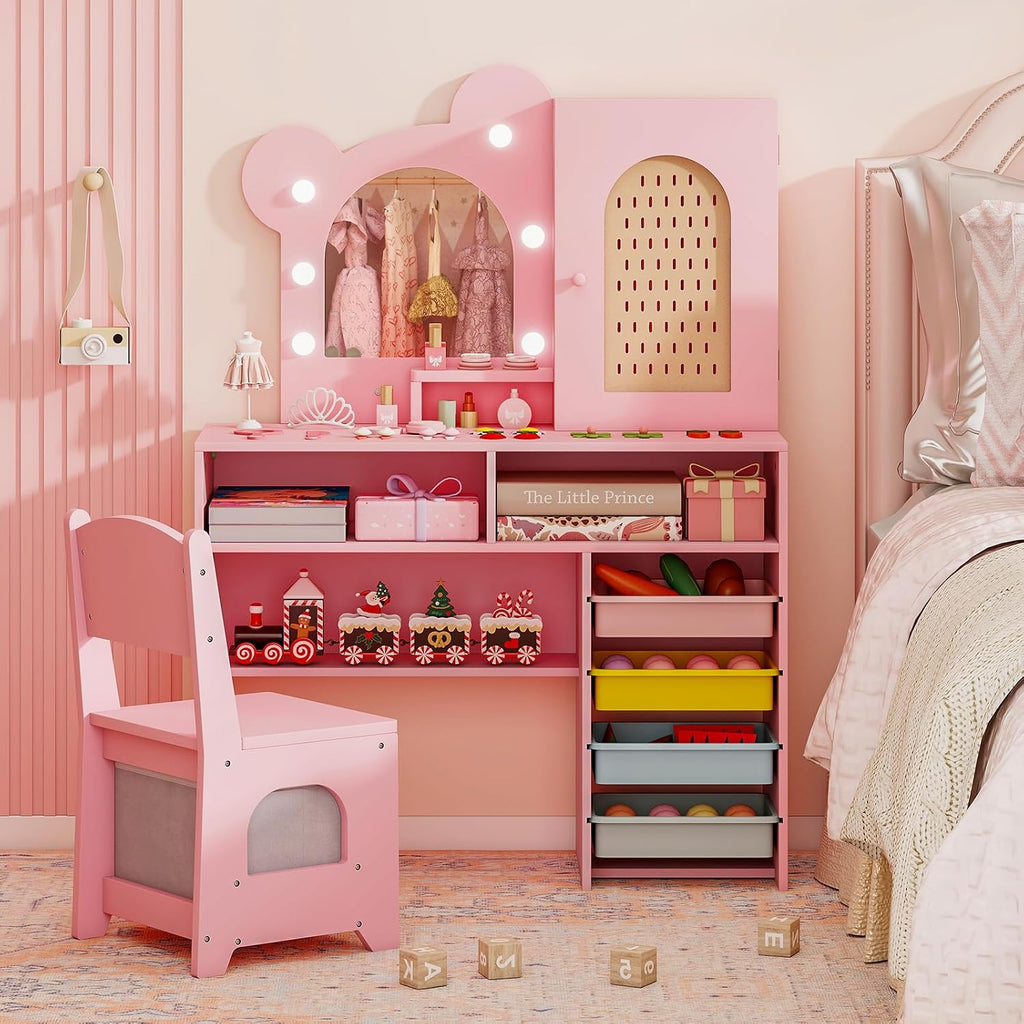 Costzon Kids Vanity with Lights, Girls Vanity Set with Mirror, Storage Drawers, Cabinet & Shelves, Toddler Makeup Vanity Desk Dressing Table, Wooden Kids Vanity Table and Chair Set (Pink)