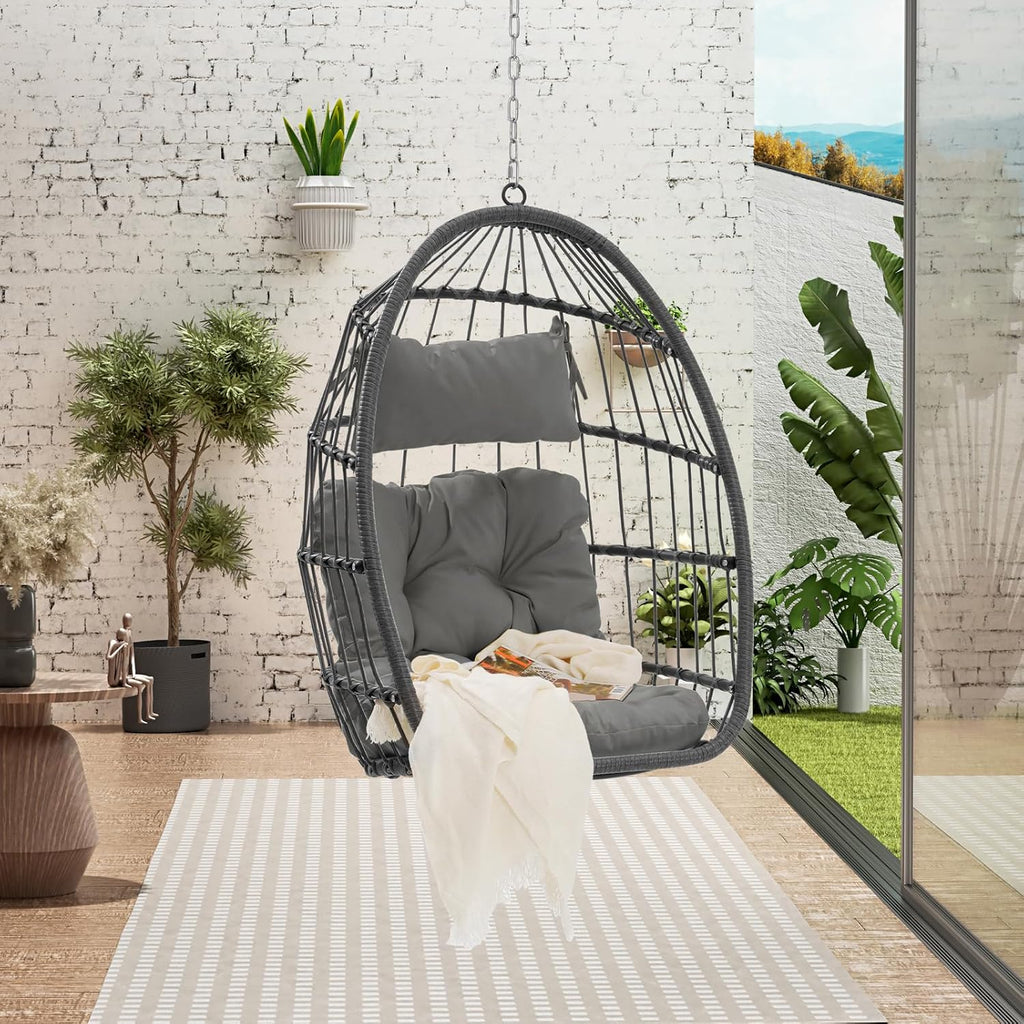 Egg Swing Chair with UV Resistant & Strong Frame, Wicker Rattan Egg Chair with Stand, 360 lbs Capacity Hanging Chair for Indoor & Outdoor Use, Patio Balcony Garden Bedroom, Dark Gray