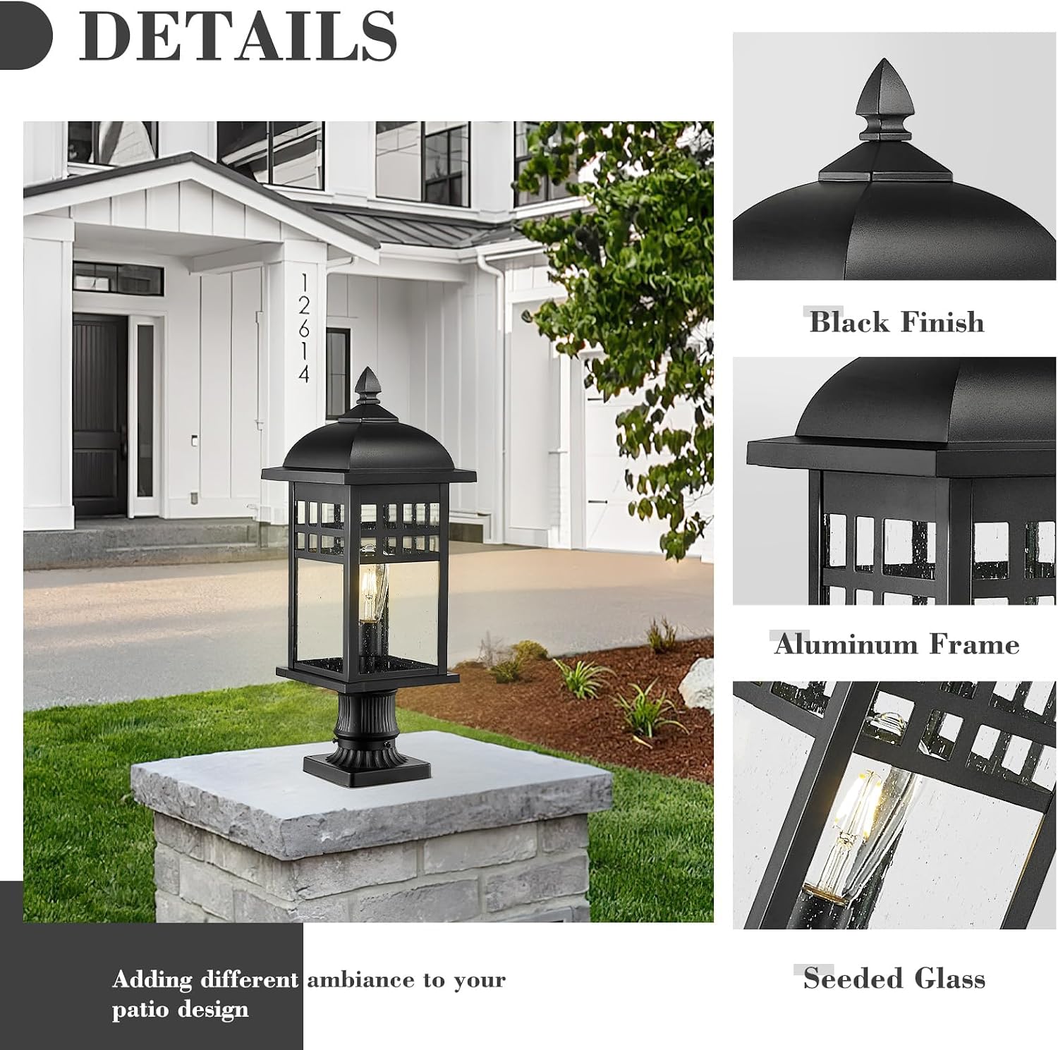 Emliviar 22 Inch Large Outdoor Lamp Post Light, Farmhouse Pole Lights for Outside Patio, Waterproof Aluminum in Black Finish with Seeded Glass, DE279P-M BK