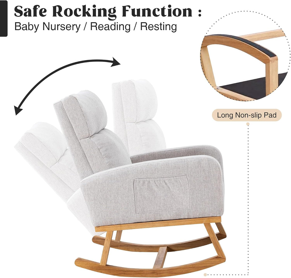 HCHAIRH Rocking Chair Nursery, Nursing Rocking Chairs, Upholstered Nursery Glider Rocker for Mom Nursery Morden Rocking Chair with Side Pocket for Living Room,Bedroom，Light Gray