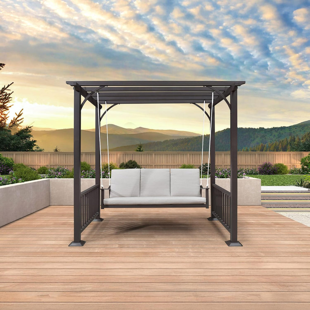 PURPLE LEAF 3-Seat Porch Swing Outdoor Metal Pergola Swing Bed Hanging Cloud Swing Chair with Stand for Backyard Garden Patio Hammock Swinging, Cushion and Pillows Included, Coffee