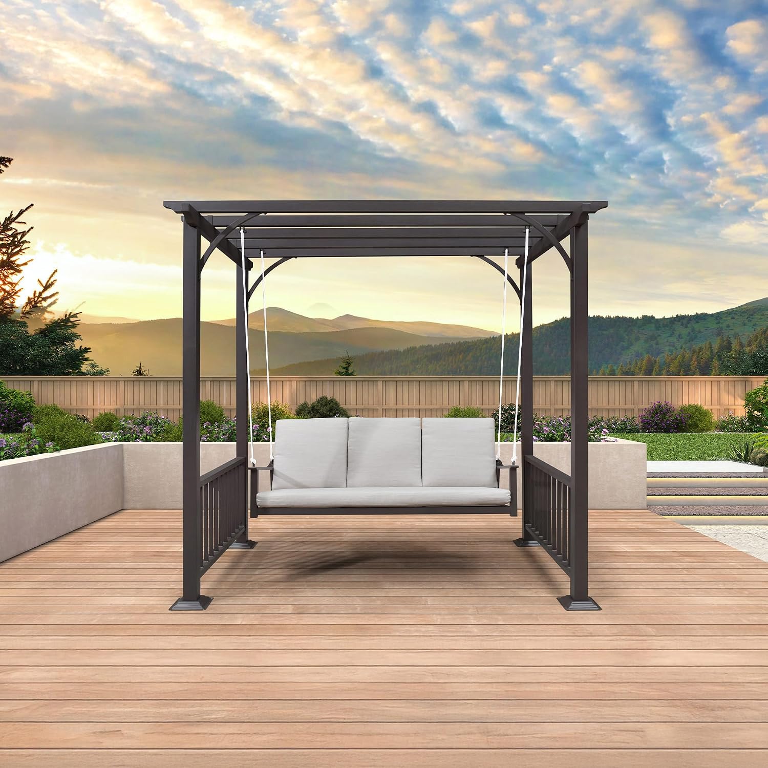 PURPLE LEAF 3-Seat Porch Swing Outdoor Metal Pergola Swing Bed Hanging Cloud Swing Chair with Stand for Backyard Garden Patio Hammock Swinging, Cushion and Pillows Included, Coffee
