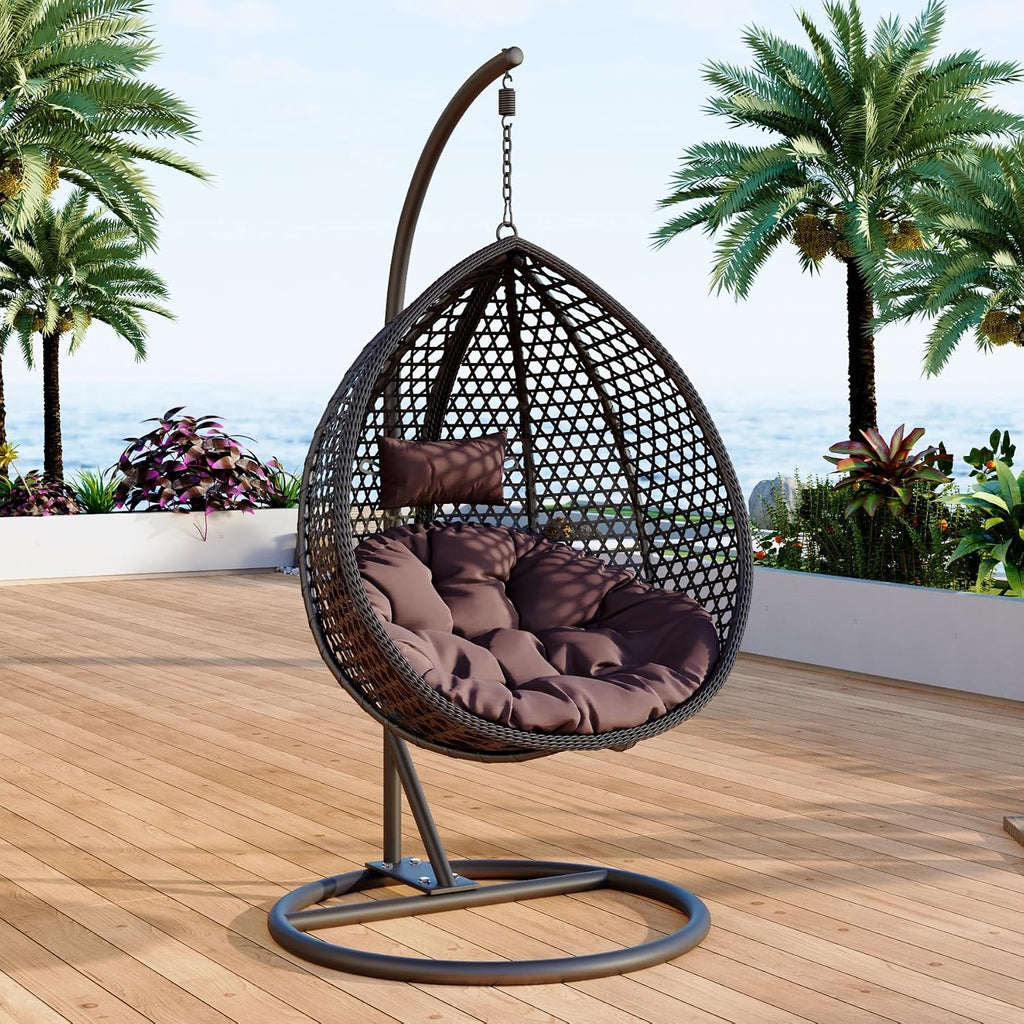 Egg Swing Chair Outdoor with Stand, Indoor Hanging Egg Chair, Rattan Basket Chair with Cushion and Pillow, Foldable Basket and Metal Stand for Backyard Sunroom Patio Balcony (Black)