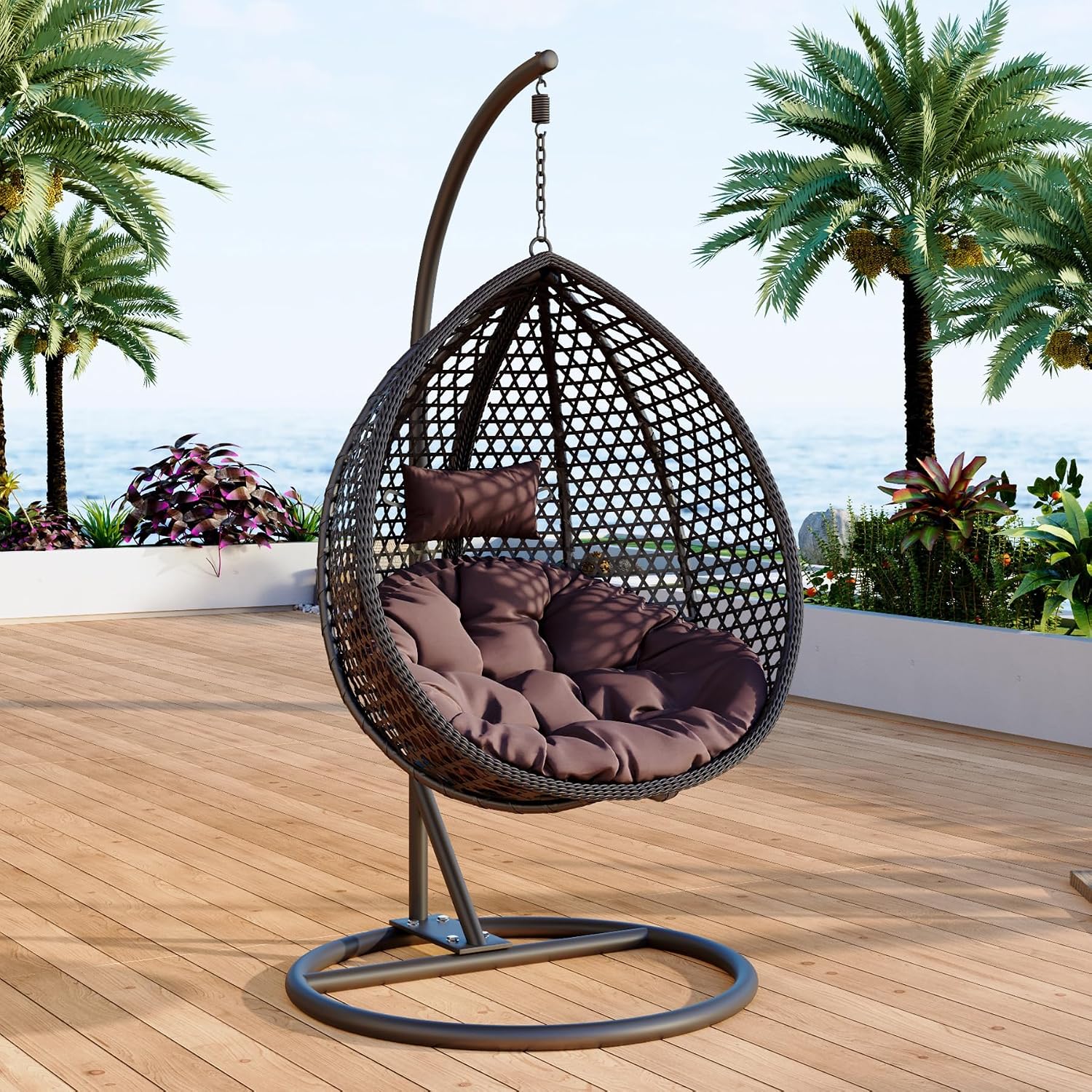 Egg Swing Chair Outdoor with Stand, Indoor Hanging Egg Chair, Rattan Basket Chair with Cushion and Pillow, Foldable Basket and Metal Stand for Backyard Sunroom Patio Balcony (Black)