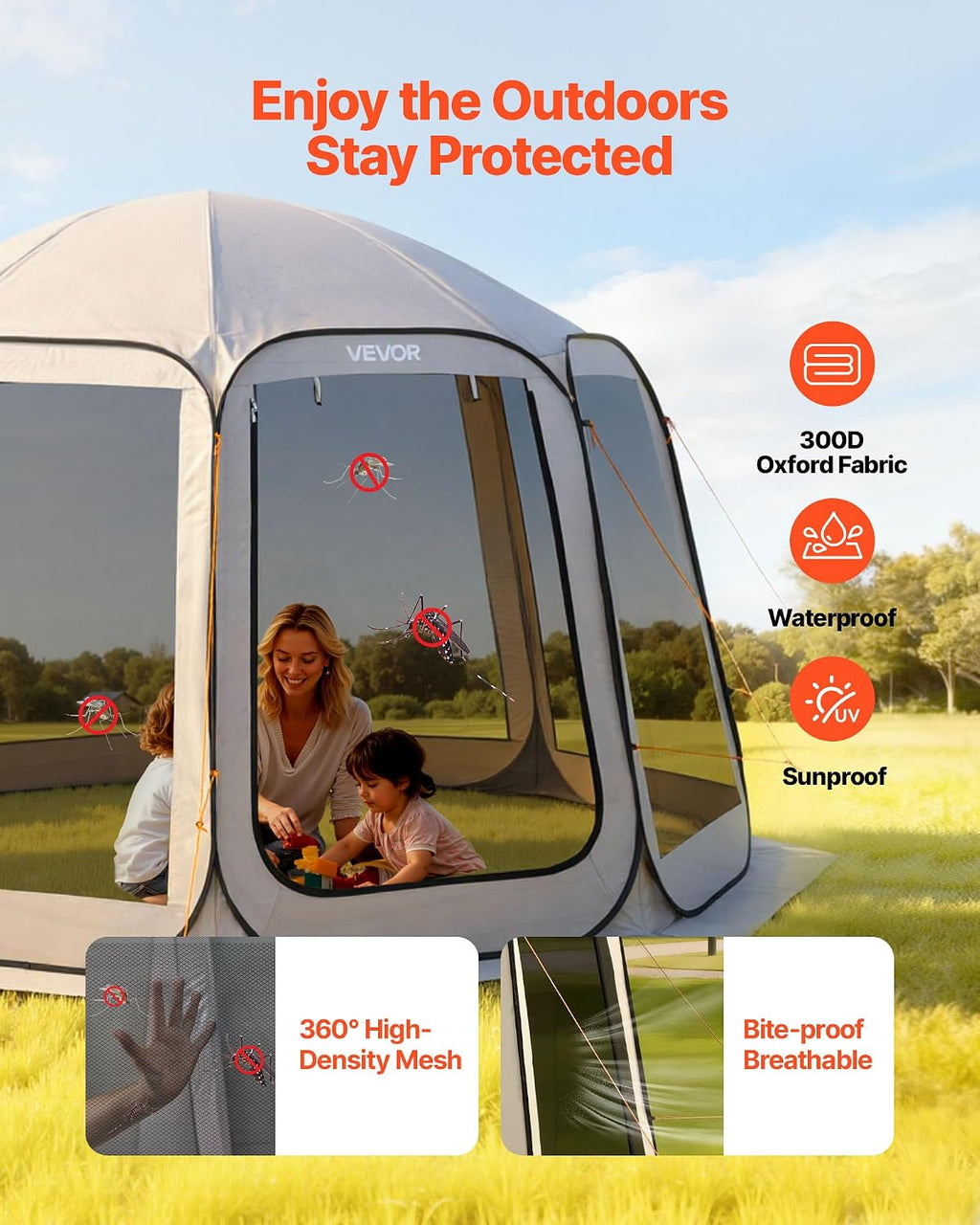 VEVOR Pop up Screen House Tent, 12 x 11 ft, 10-12 Person Screen Gazebo, Portable Screened in Canopy with Carry Bag, Netting Sides, Ground Stakes, for Garden, Patio, Backyard, Outdoor Activities, Beige