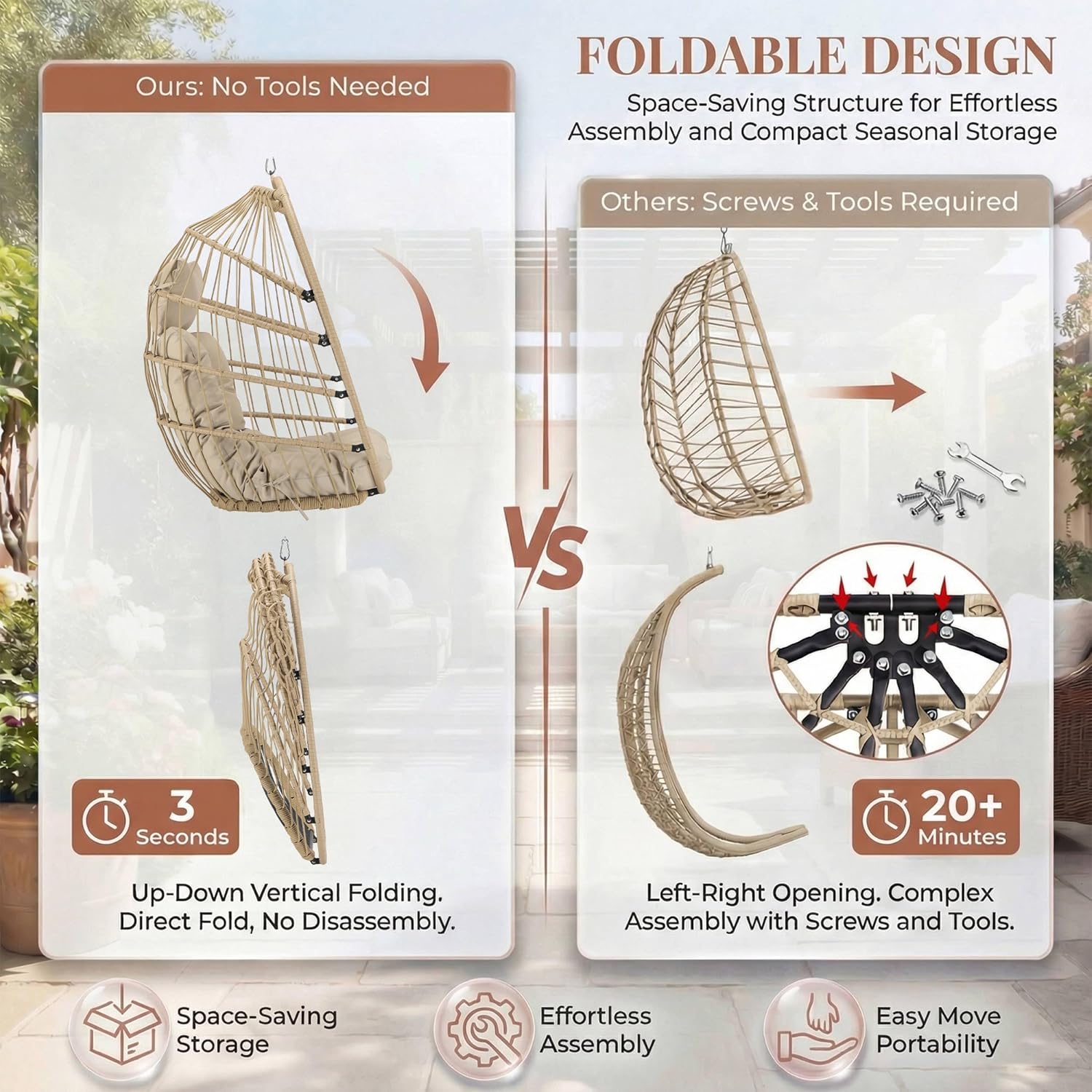 Nicesoul Outdoor Hanging Egg Chair Without Stand, Patio Wicker Swing Egg Basket Chairs with Padded Cushion, 350 Lbs Comfy Cozy Ceiling Tree Swinging Egg-Shaped Chair No Stand for Indoor Balcony, Beige