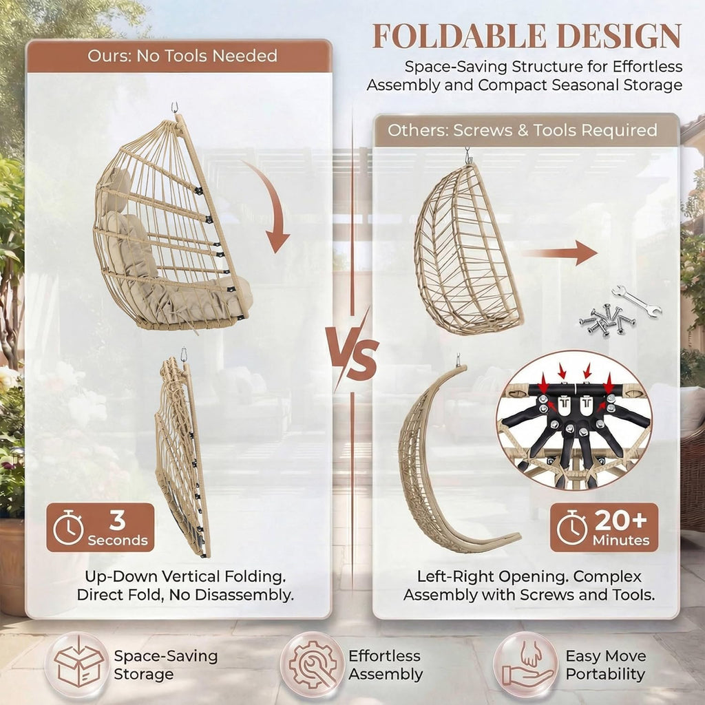 NICESOUL Cozy Hanging Egg Chair with Stand Indoor Outdoor, Wicker Patio Basket Swing Chair with Cushion and Golden Legs, 350lbs Durable Sturdy Egg Hammock Chairs for Deck Balcony Backyard Porch, Cream