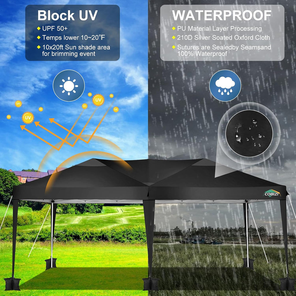 COBIZI 10x20 Pop Up Canopy Tent One Push Setup UV Protection 50+ Waterproof Party Tents for Parties Wedding Outdoor Commercial Event Gazebo Portable Instant Tent for Backyard Camping Carport,Black