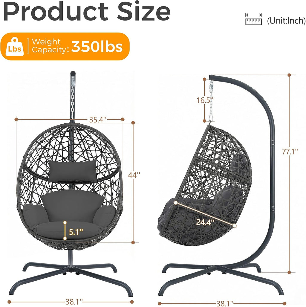 BULEXYARD Oversized Hanging Egg Chair with Stand, Indoor Outdoor Wicker Bird Cage Swing Chair, Patio Hammock Egg-Shaped Swinging Chair with Dark Grey Cushion for Garden, Bedroom, 350LBS Capacity