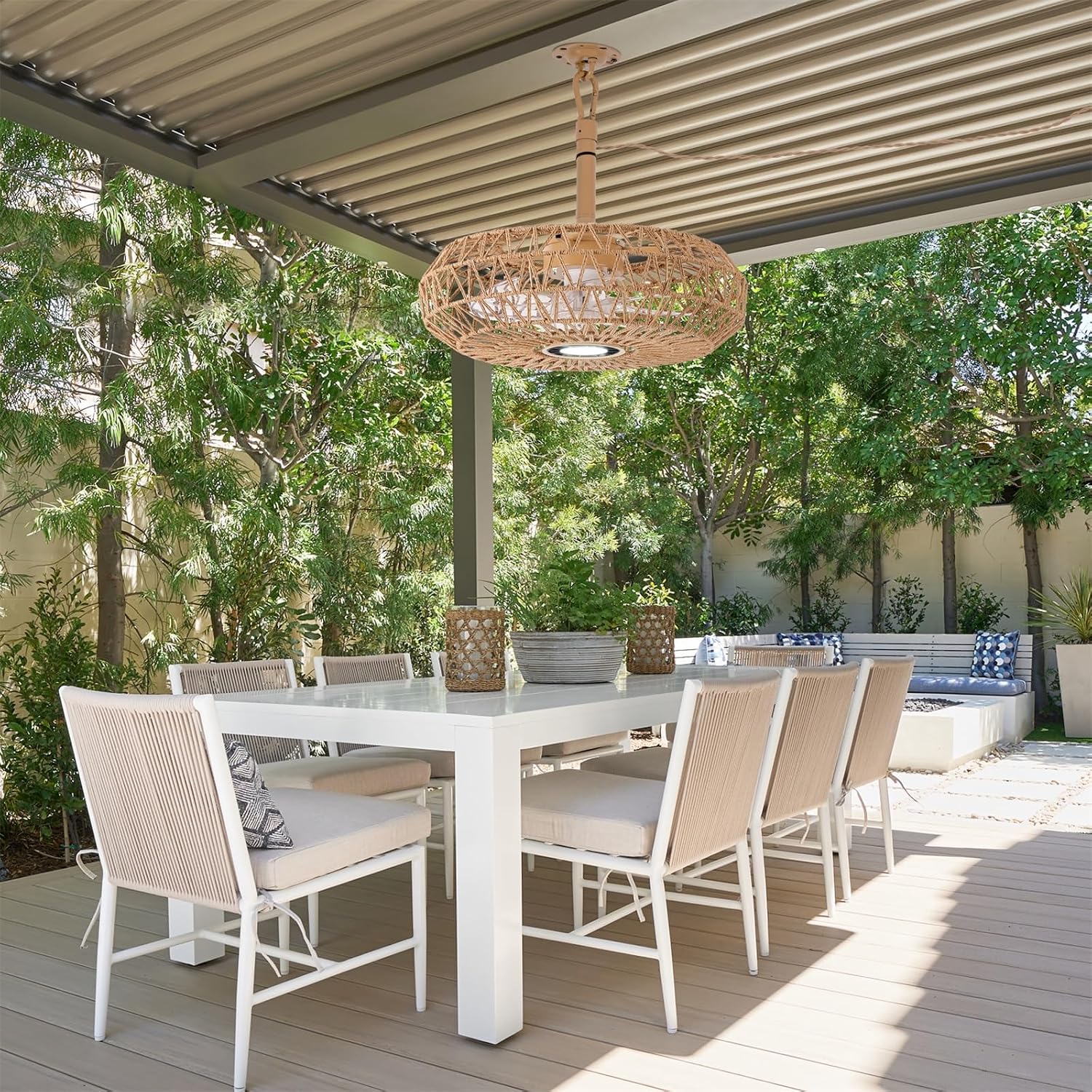 20'' Outdoor Gazebo Fan with Light, Outside/Indoor Hanging Rattan Ceiling Fan with Remote&APP Control, 3CCT Dimmable, 6-Speed DC Motor, Plug-in Wicker Woven Caged Ceiling Fans for Pergola Patio