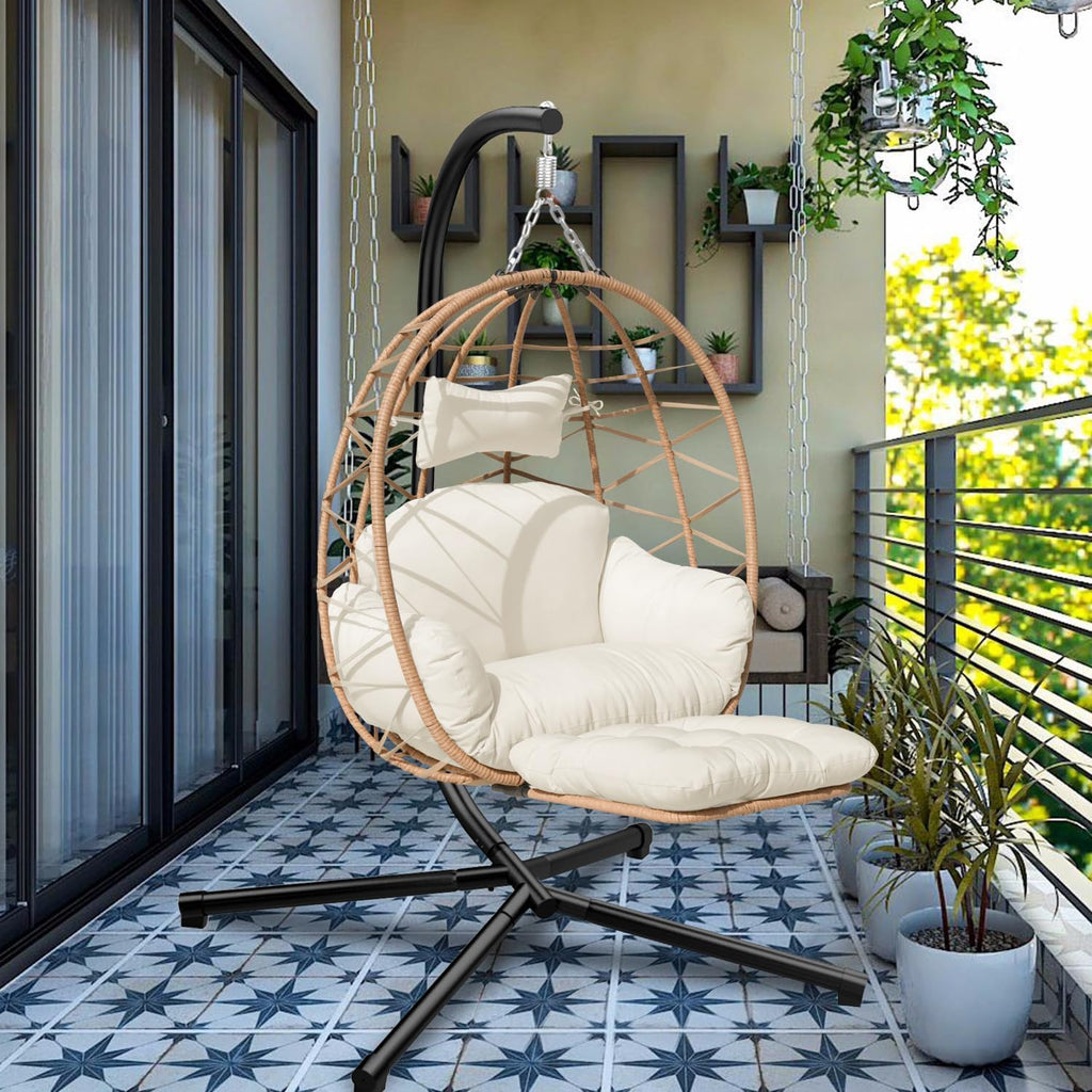 Indoor Outdoor Hanging Egg Chair with Stand & Leg Rest – Heavy-Duty Steel Frame, Handwoven Rattan Swing Chair for Patio, Garden, Bedroom – 350 lbs Capacity, Ergonomic Design (White)