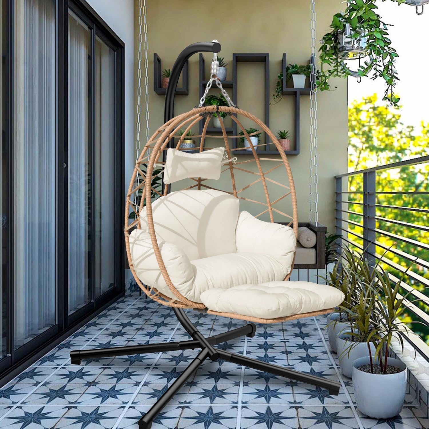 Indoor Outdoor Hanging Egg Chair with Stand & Leg Rest – Heavy-Duty Steel Frame, Handwoven Rattan Swing Chair for Patio, Garden, Bedroom – 350 lbs Capacity, Ergonomic Design (White)