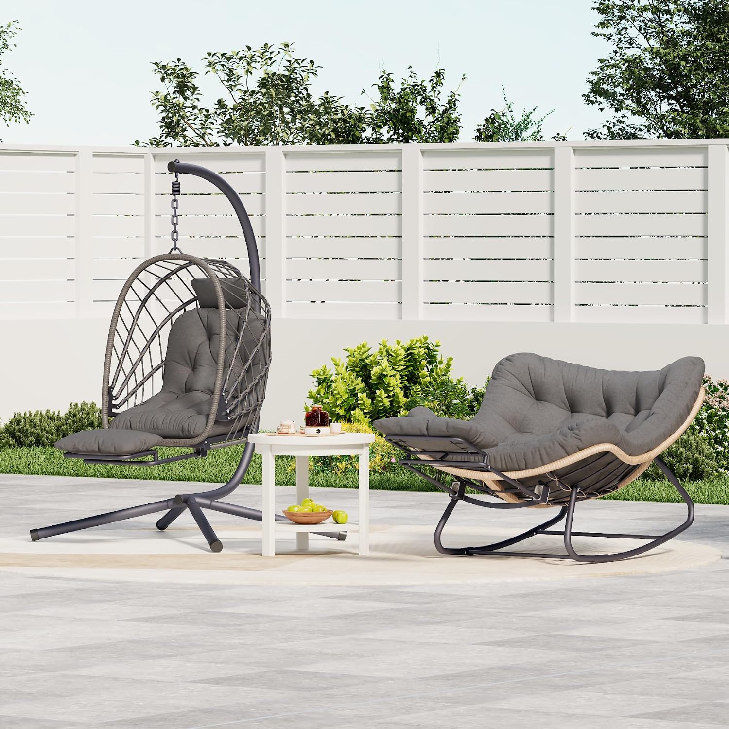 Outdoor Egg Swing Chair with Stand and Footrest, Comfy Patio Hammock Hanging Rocking Egg Chair with Cushion for Bedroom Indoor, Dark Gray (Dark Grey)