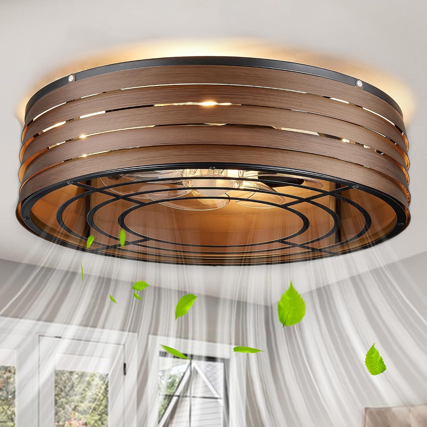 20'' Flush-Mount Ceiling Fan with Light and Remote, Reversible Motor, Perfect for Bedroom, Living Room, Kitchen, Outdoor Gazebo, Patio, Low-Profile Design Cage (Black Walnut)
