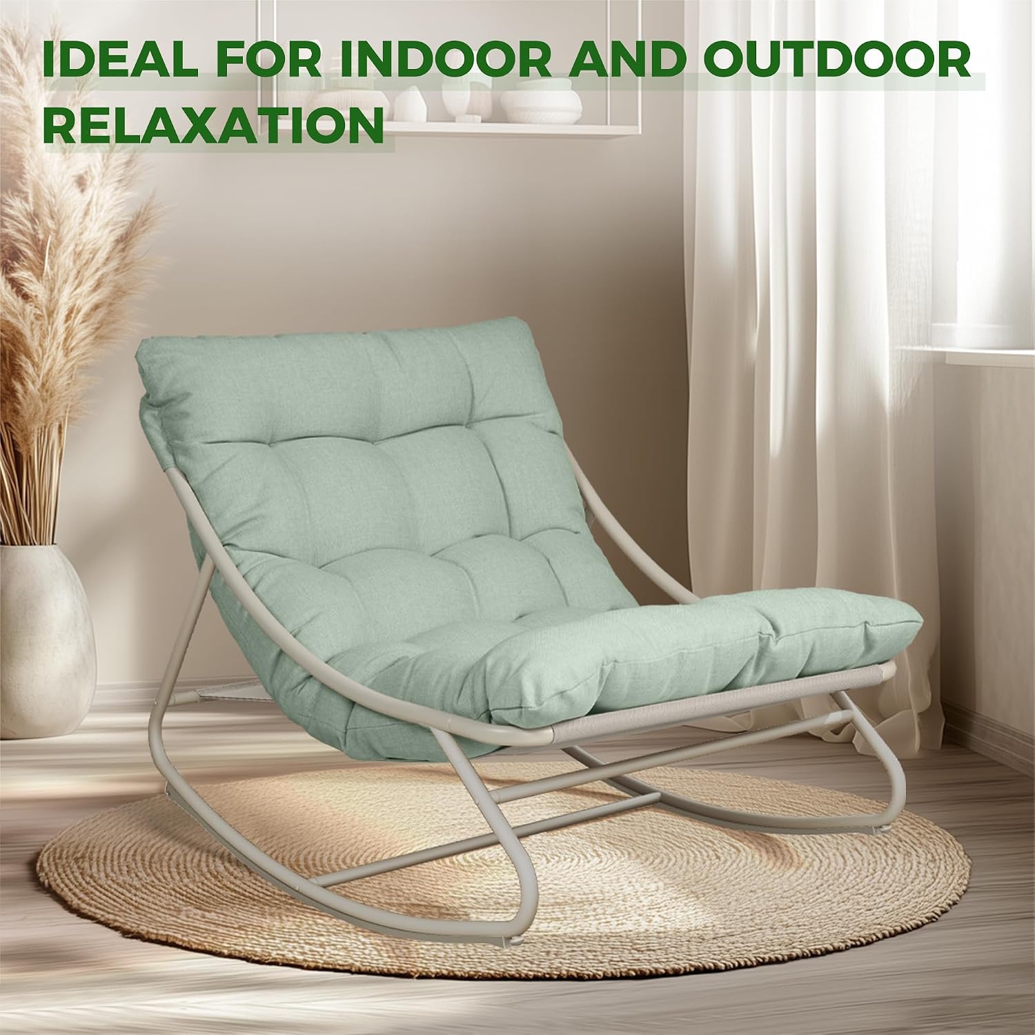 Grand patio Outdoor Rocking Chair, Metal Lounge Rocking Chair with Thick Cushion, Comfy Modern Rocker for Patio Porch Deck Backyard, Green