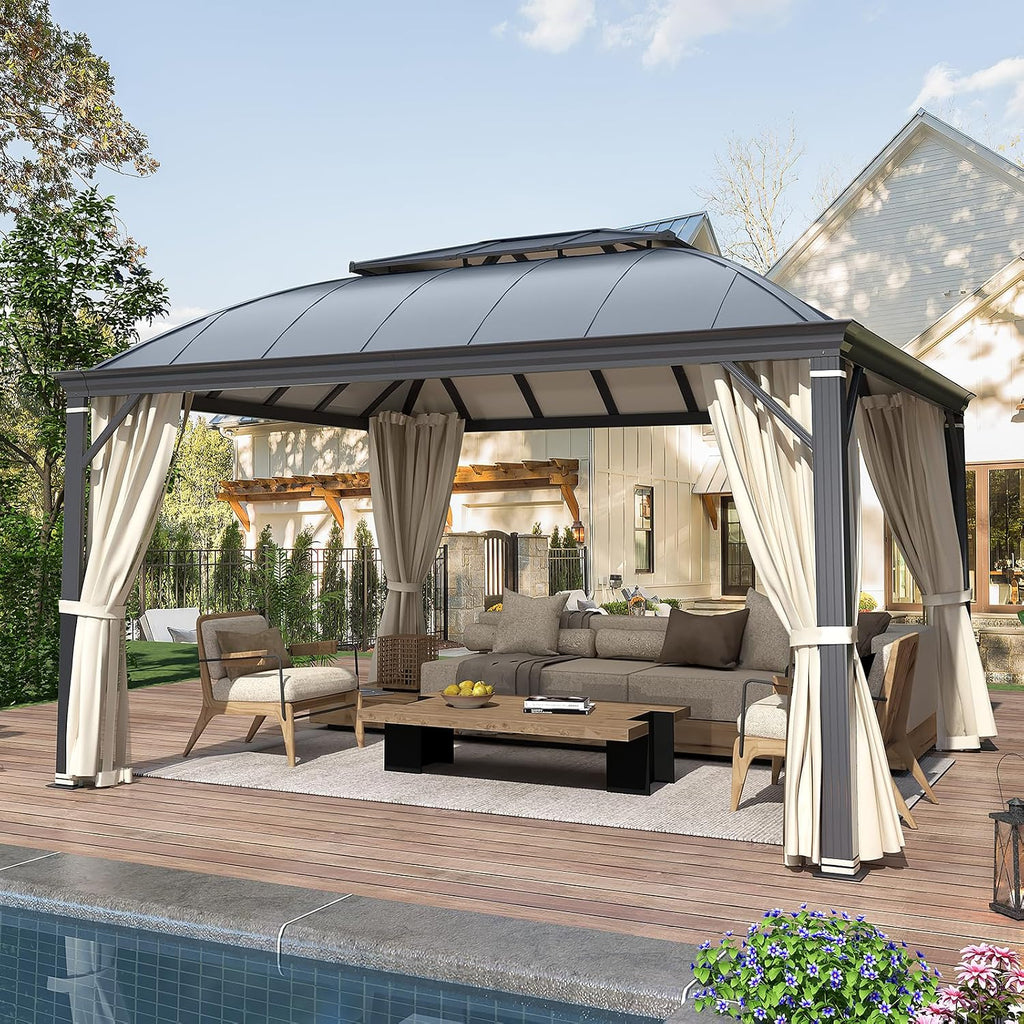 YOLENY 12'x14' Hardtop Gazebo, Permanent Outdoor Aluminum Patio Gazebo with Aluminum Composite Double Arc Roof for Patio Lawn and Garden, Curtains and Netting Included
