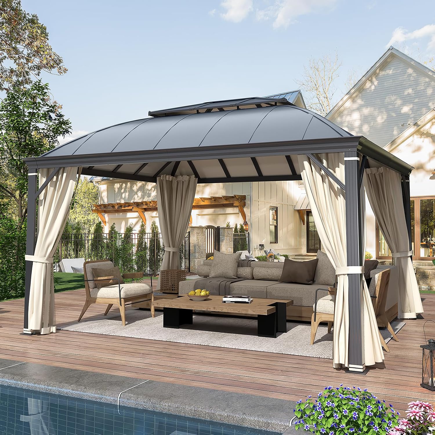 YOLENY 12'x14' Hardtop Gazebo, Permanent Outdoor Aluminum Patio Gazebo with Aluminum Composite Double Arc Roof for Patio Lawn and Garden, Curtains and Netting Included